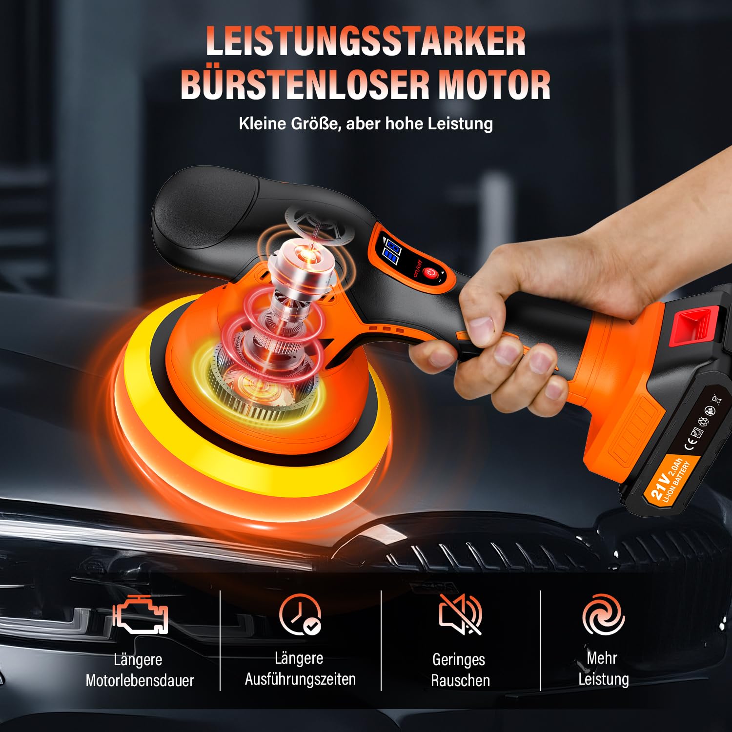Lucidatrice Auto a Batteria, 8 Velocità Variabili, 2800–6000 giri/min, Lucidatrice Rotorbitale con 2 Batterie da 21 V 2.0 Ah e 21 Pezzi Kit Lucidatura Auto per la Cura dei Dettagli dell'auto