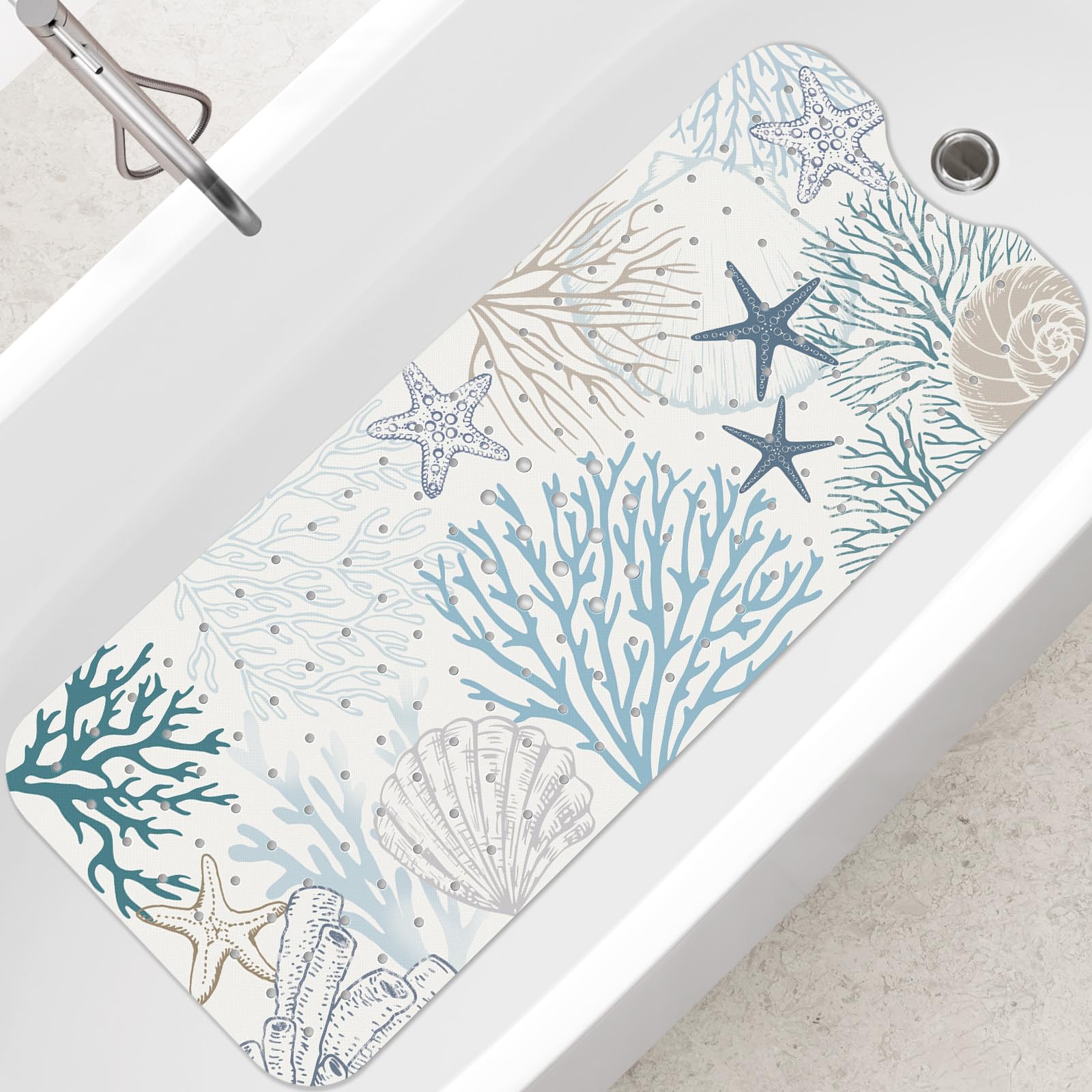SHUCHING Tapis de Bain Antidérapant pour Adultes, Tapis de Baignoire Antidérapant 100 x 40cm, Tapis de Douche sans BPA Lavable en Machine et Résistant à la Moisissure, Corail Marin