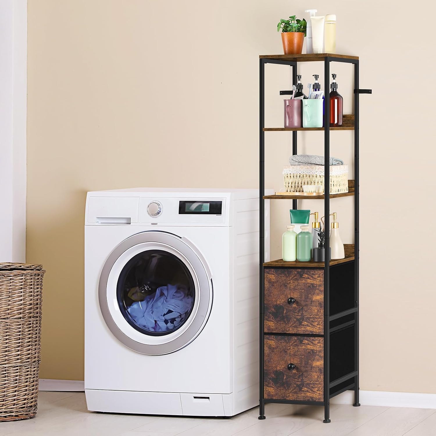 smusei Bathroom Floor Cabinet Tall Slim Bathroom Storage Cabinet with 2 Fabric Drawers, Narrow Freestanding Bathroom Towel Organizer Stand for Living Room Kitchen, 11.8" D x 11.8" W x 55.8" H, Brown - Image 5