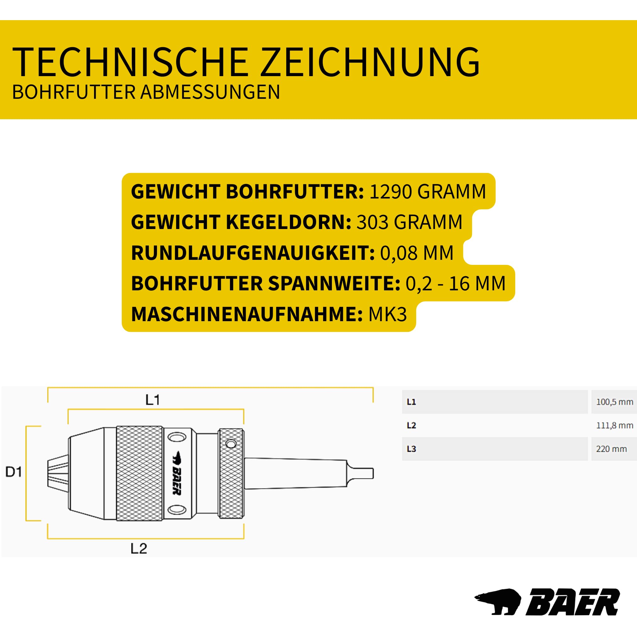 BAER Bohrfutter mit Kegeldorn DIN 238 0,2-16 mm - Kegeldorn: MK 3 - Schnellspannbohrfutter - Bohrhammer - Bohrkopf - Spannbohrfutter