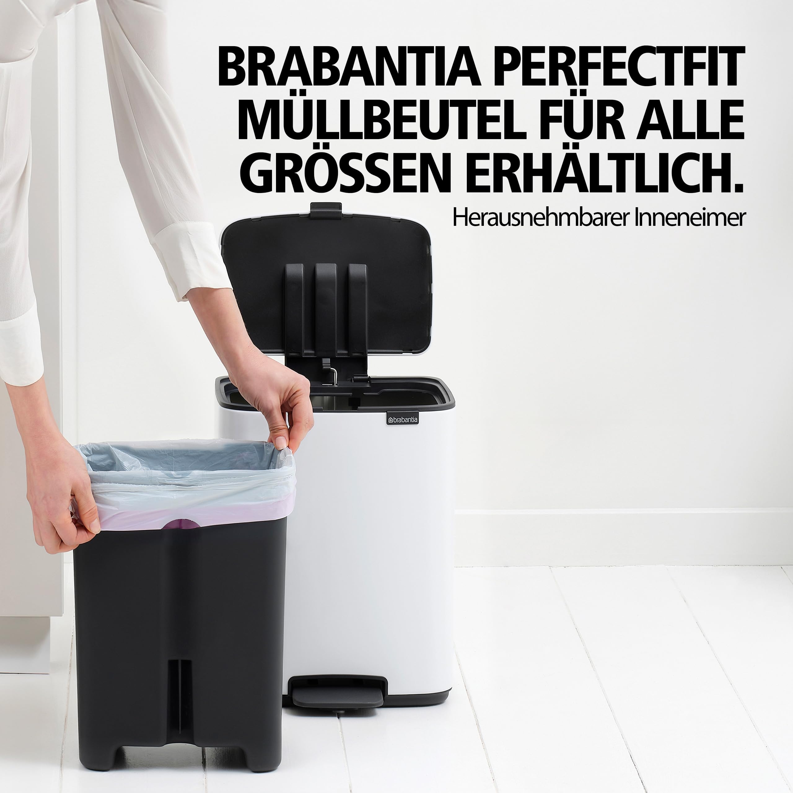 Brabantia Poubelle Bo 12L (Blanche) – Poubelle cuisine à pédale à fermeture progressive – Système de tri des déchets facile à nettoyer avec seau amovible – Sacs-poubelle PerfectFit gratuits inclus