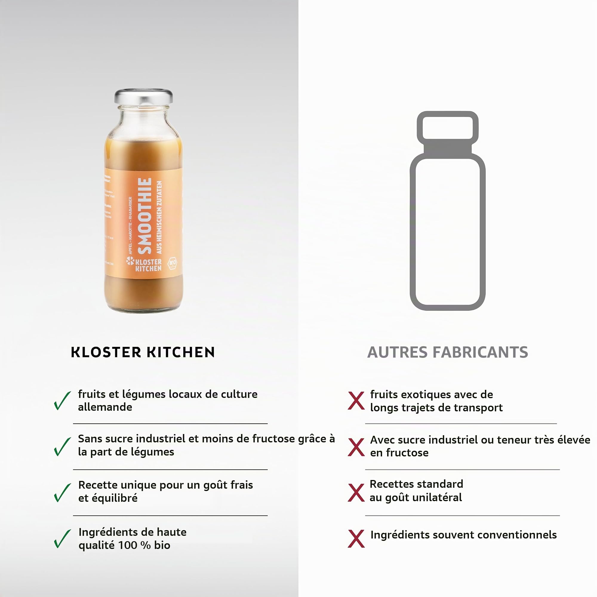 Mix de Smoothies bio Kloster Kitchen 6x 250 ml, 3 saveurs I Set rouge jaune vert vegan | Superfood petit-déjeuner I Bouteille en verre à emporter I Superaliment - Fraises, Carottes, Concombre.
