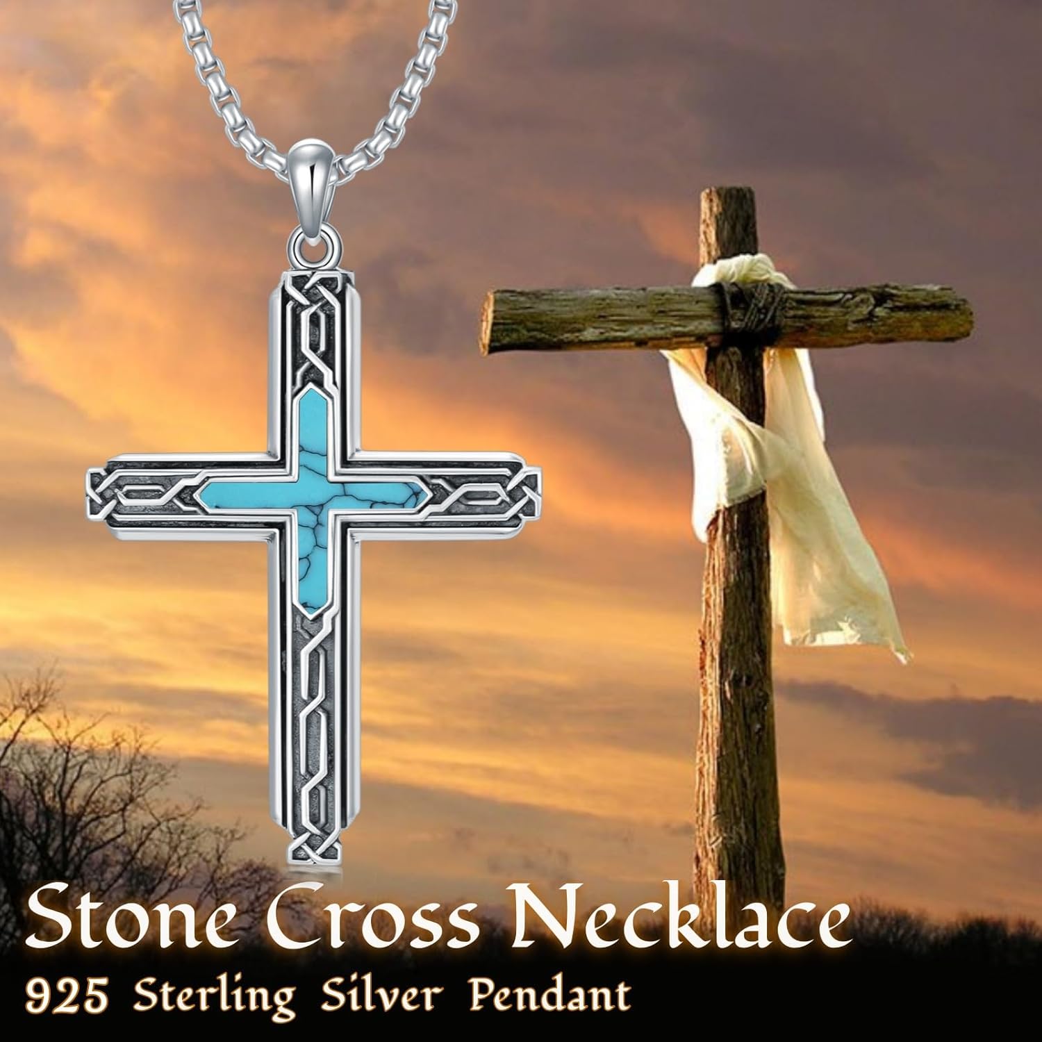 SIMONLY Cross Necklace 925 Sterling Silver Abalone Obsidian Opal Tigers Eye Turquoise Necklace Celtic Knot Lapis lazuli Pendant Protection Catholic Jewelry Religious Christian Gifts for Men Women - Image 2