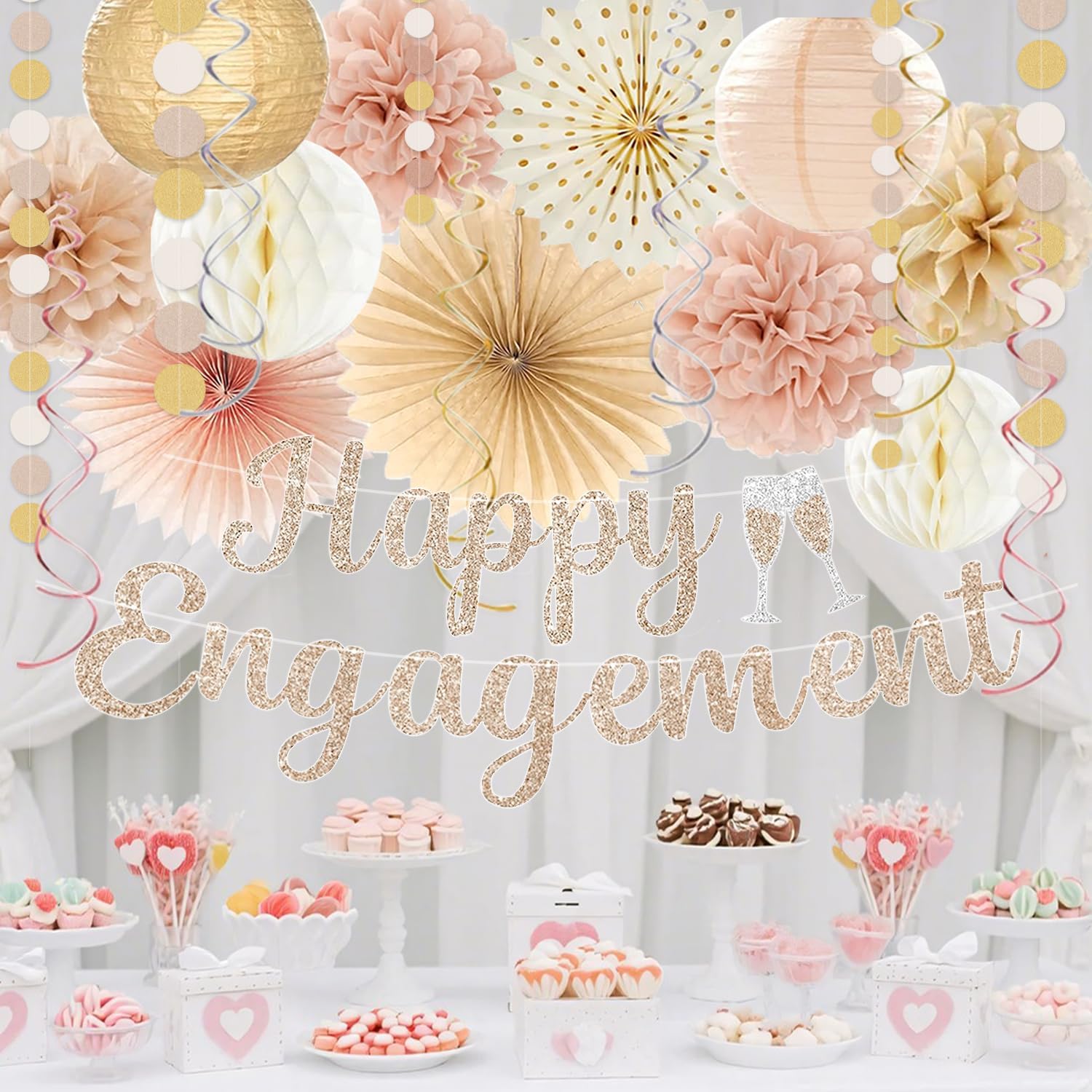 Engagement Party Decorations, Champagne-Gold Glitter Happy Engagement Banner, Almost Married/Just Engaged Photo Background, Boho Tassel Garland Congratulations Wedding Bachelorette Party Shower Décor