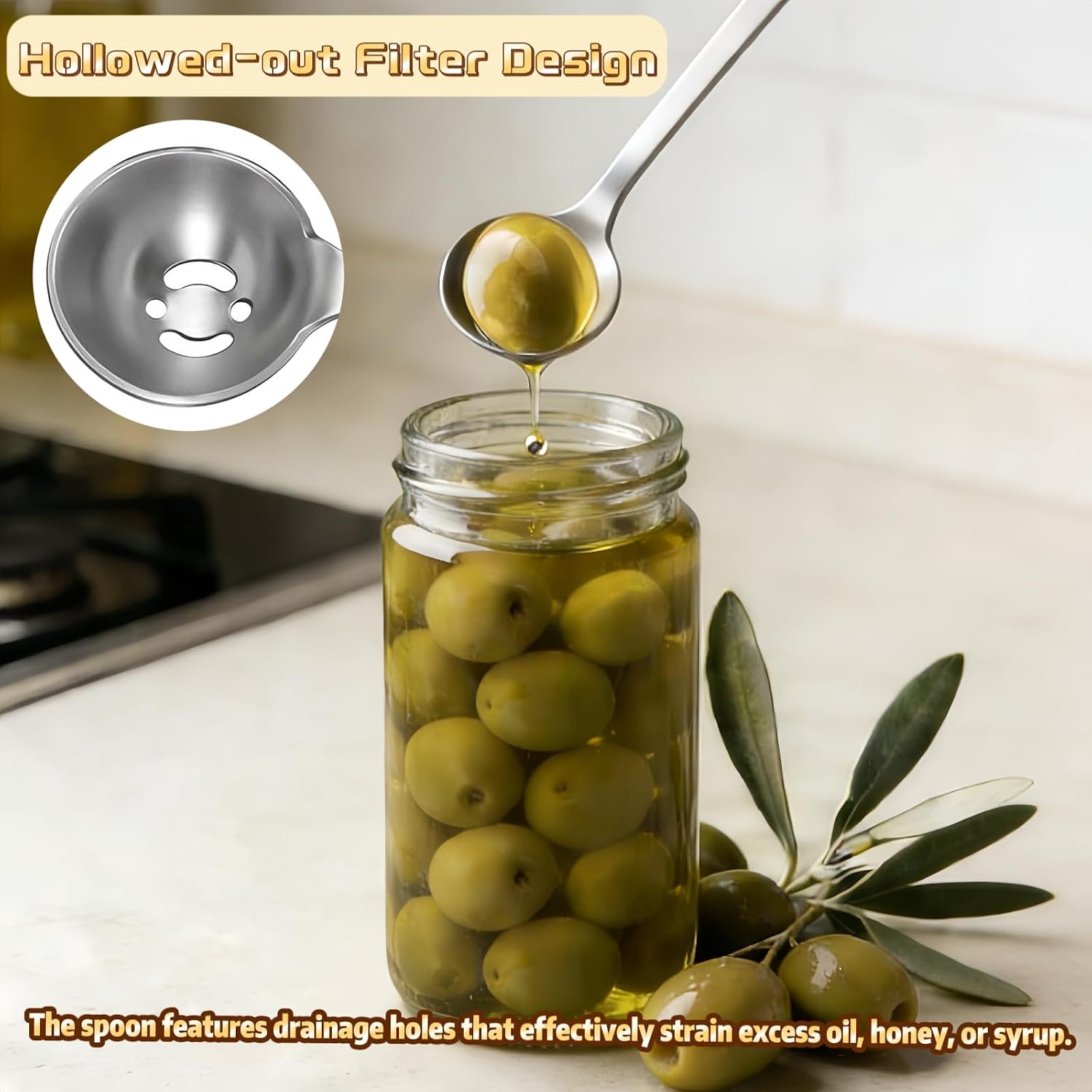 6 Pcs Pickle Fork Set, 8.66 Inch Stainless Steel Long Handle Olive Fork & Olive Spoons with Drain Holes, Pickle Picker Grabber Tool for Jar Cocktail Fruit Dessert Cucumber Caper Arugula Onion Forks