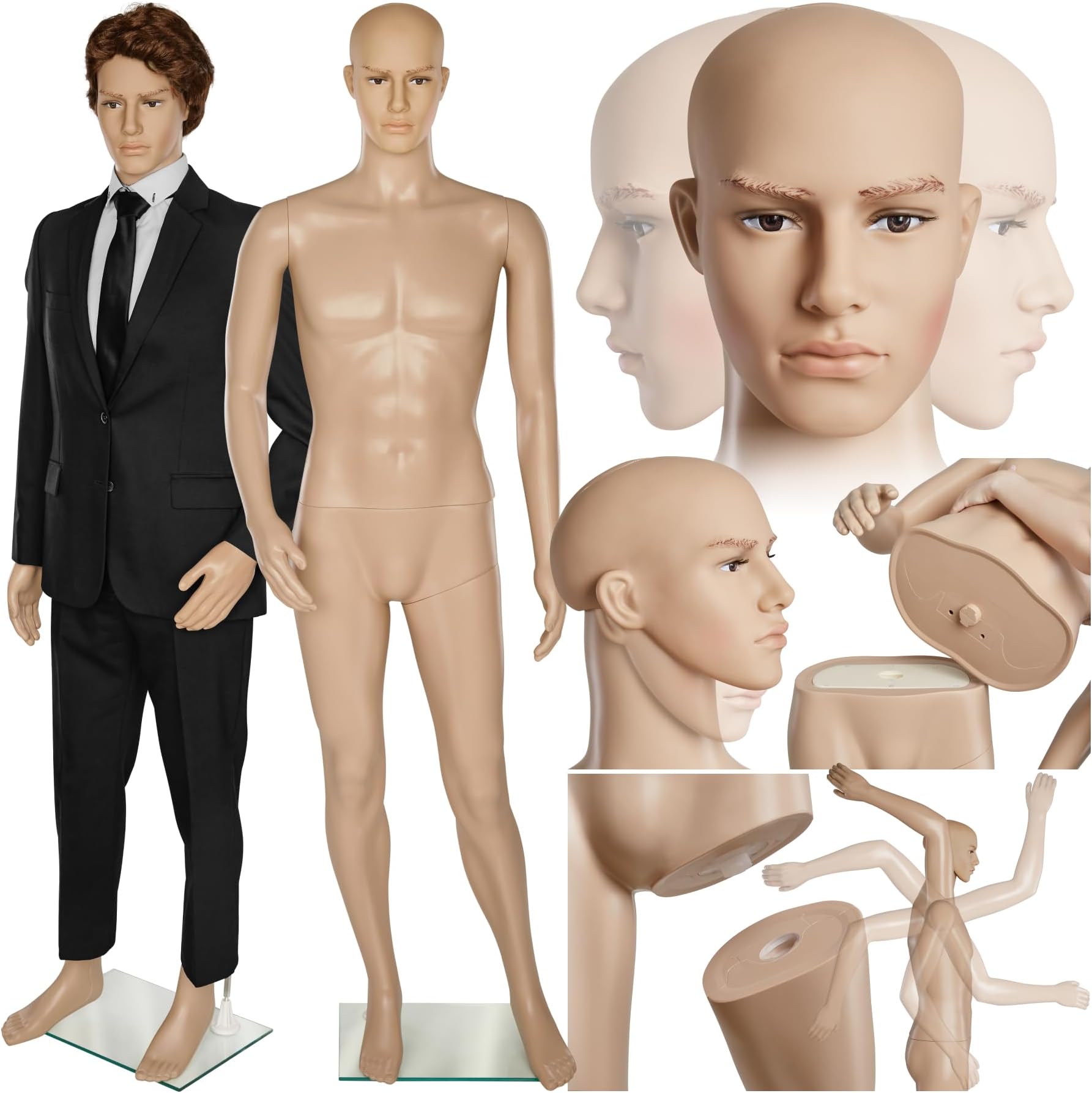 tectake® 185cm Male Mannequin, Full Body Display Dummy with Realistic Proportions, Adjustable Arms, Rotatable Head, Stable Base and Stand, Easy Assembly, Ideal for Retail Clothing Shop Displays