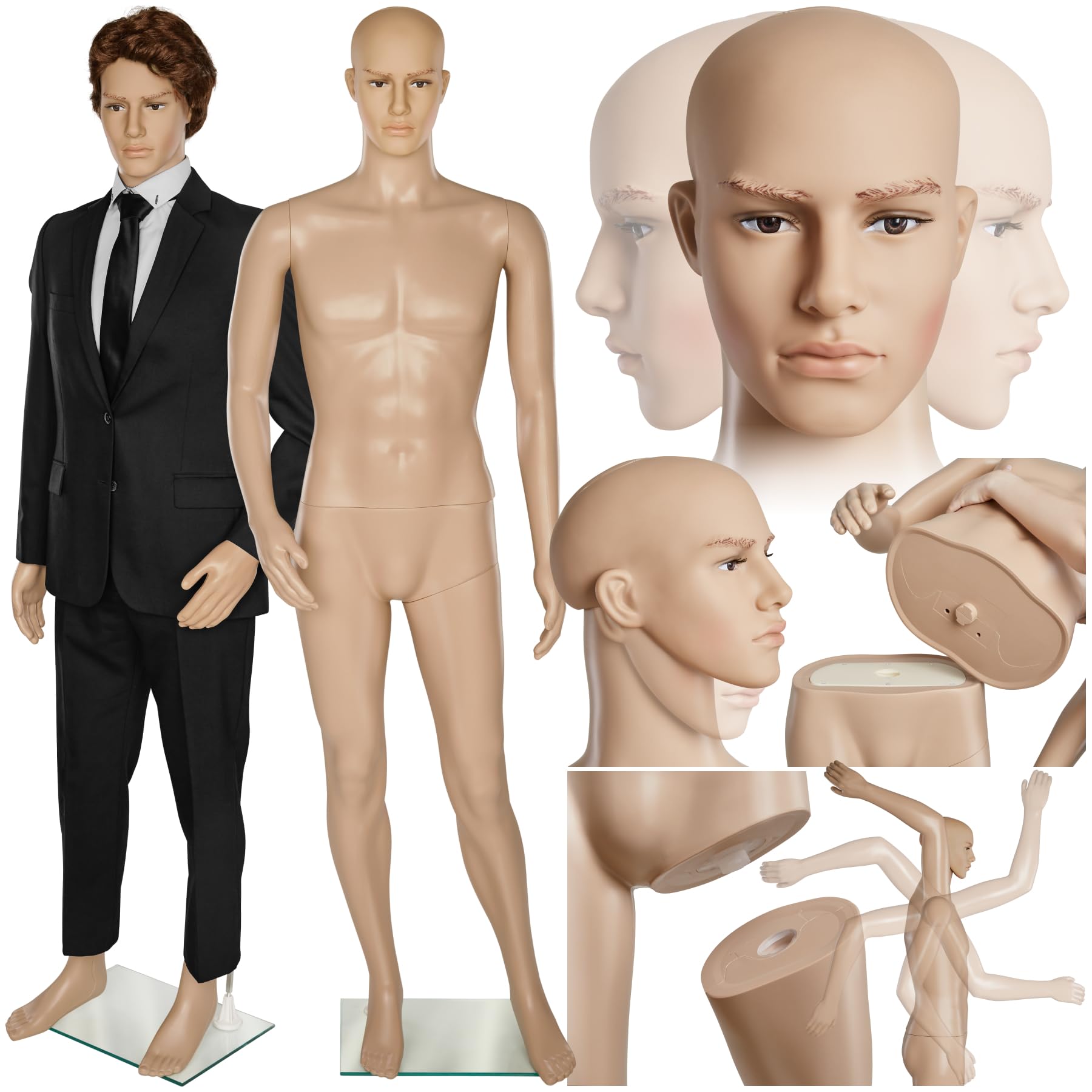 tectake® 185cm Male Mannequin, Full Body Display Dummy with Realistic Proportions, Adjustable Arms, Rotatable Head, Stable Base and Stand, Easy Assembly, Ideal for Retail Clothing Shop Displays