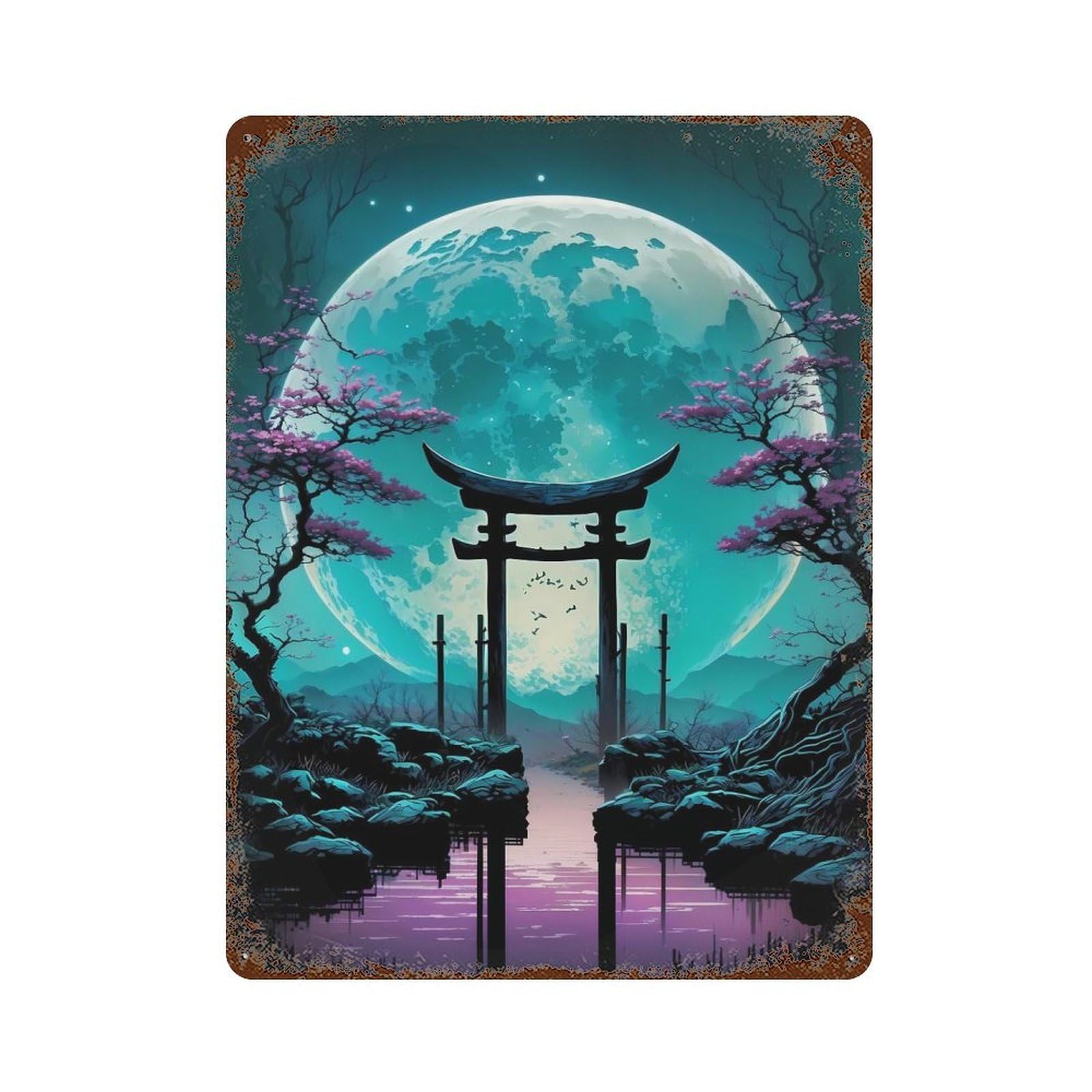 Torri Gate Mystic Moonrise Rust Effect Tin Sign 15.7"x11.8", Old School Wall Decor for Living Room, Hallway And Home Decor