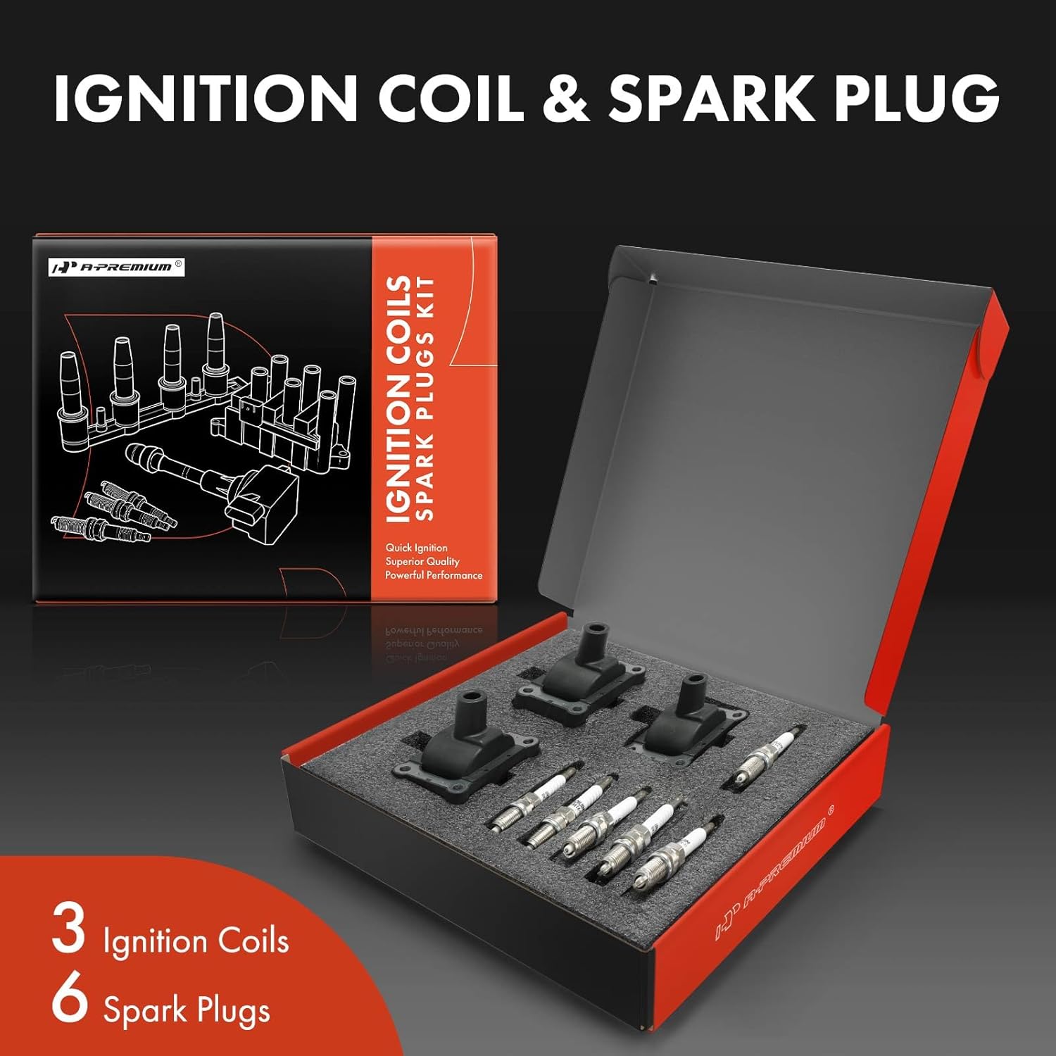 A-Premium 3x Ignition Coil Pack and 6x Iridium Spark Plugs Compatible with Mercedes-Benz C280 1994-1997, C36 AMG 1995-1997, E320 1994-1997, S320 SL320 1994-1996, 300CE 300E 300TE 1993