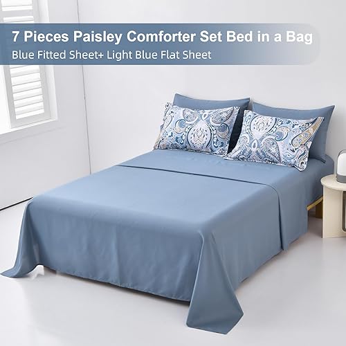 Miniatura 7 de Drucon Juego de edredón de cachemira azul, tamaño Queen, 7 piezas, edredón bohemio de microfibra suave con estampado floral de cachemira azul (1