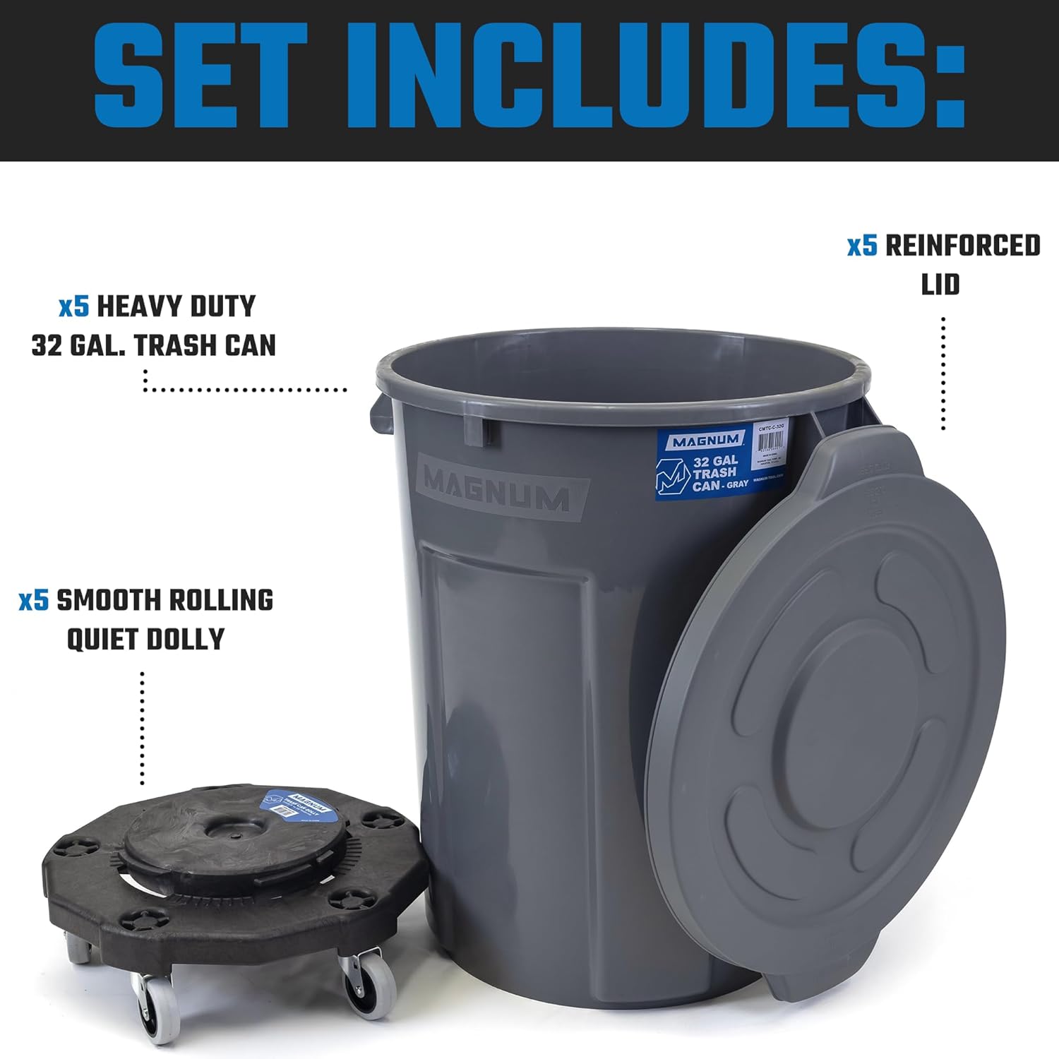 Magnum Gray 32 Gallon Trash Can Set (Trash Can, Quiet Dolly, and Reinforced Lid), Construction Grade, Jobsite Ready, Non-Marking Wheels & Casters for Rolling Garbage CMTC-CLD0-32G05 (5 Set)