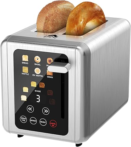 Tostadora de pantalla táctil de 2 rebanadas, tostadoras digitales de acero inoxidable con función de sonido, 6 tipos de pan y 6 ajustes de sombra,