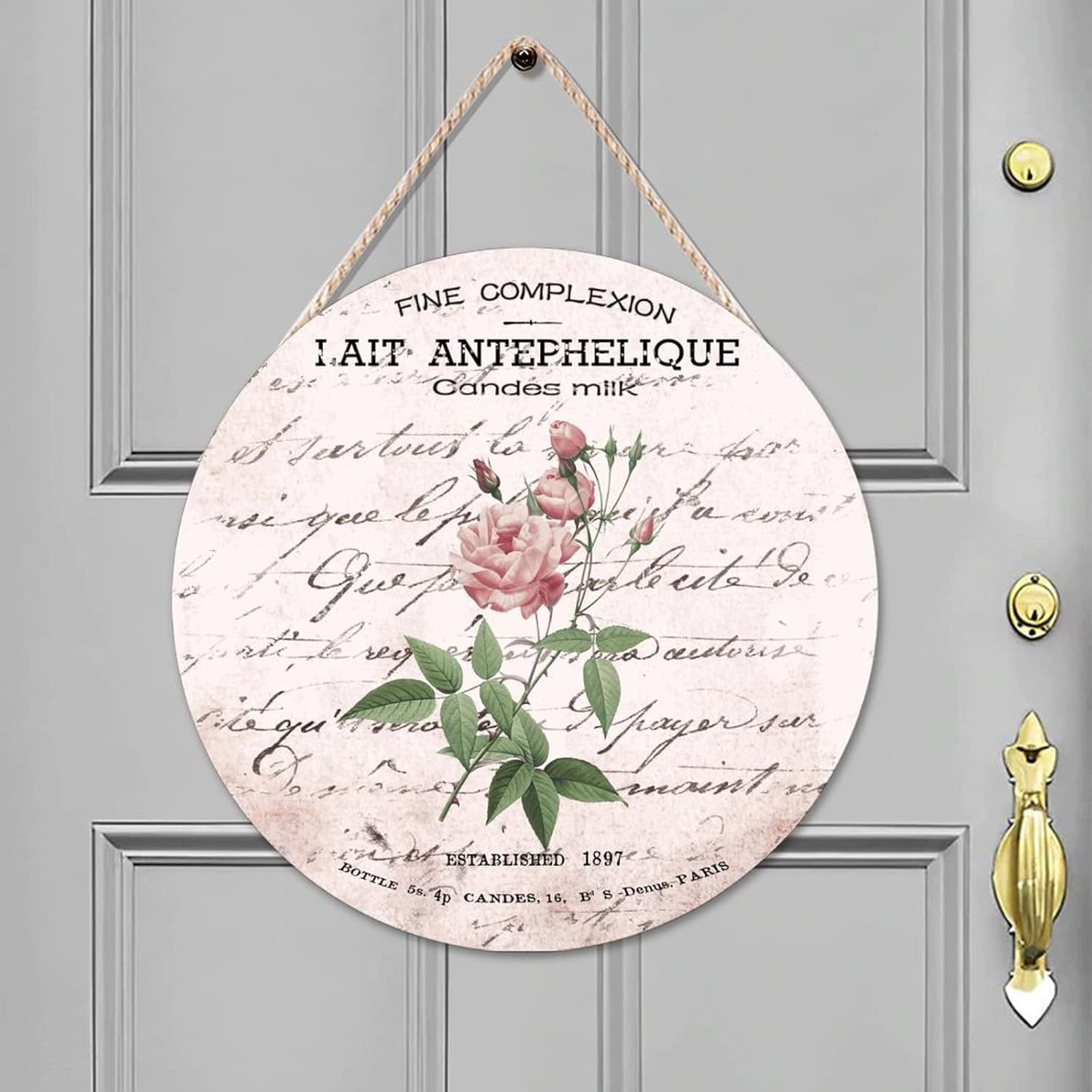 French Vintage Flower Front Door Round Wood Sign, Rustic Wood Door Sign, 16x16in Retro Wall Door Hanging Sign for Front Door Entryway Porch Bar Pub Housewarming Gifts