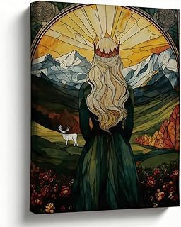 Canvas Wall Art, Oil Painting Style Woman Facing Mountain Landscape with Sunburst Light, Mystical Nature Wall Decor for Living Room Bedroom Home Decor, 8x10 Inches