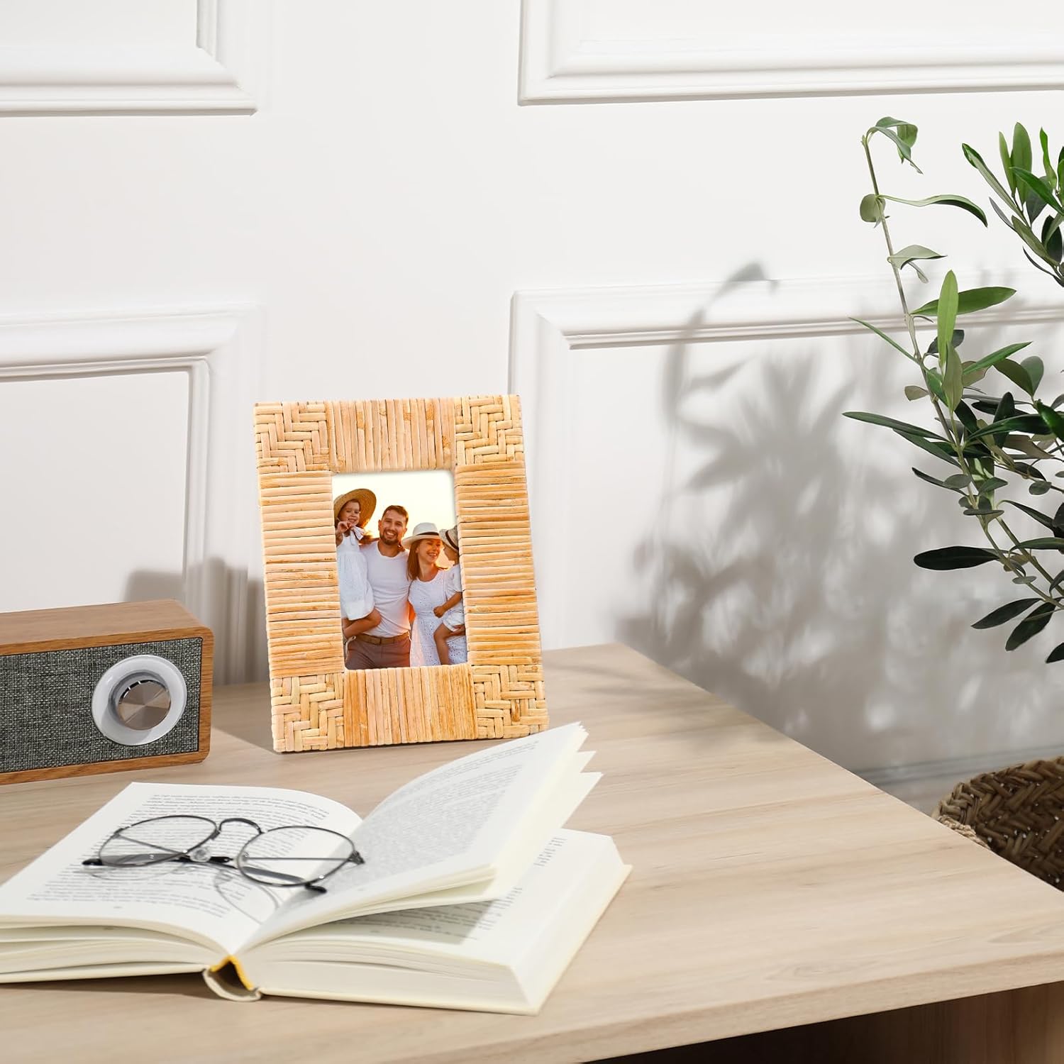 2個 4 x 6インチ ラタン 写真フレーム ファミリー ボーホー フォトフレーム ベージュ ファームハウススタイル 海岸写真フレー