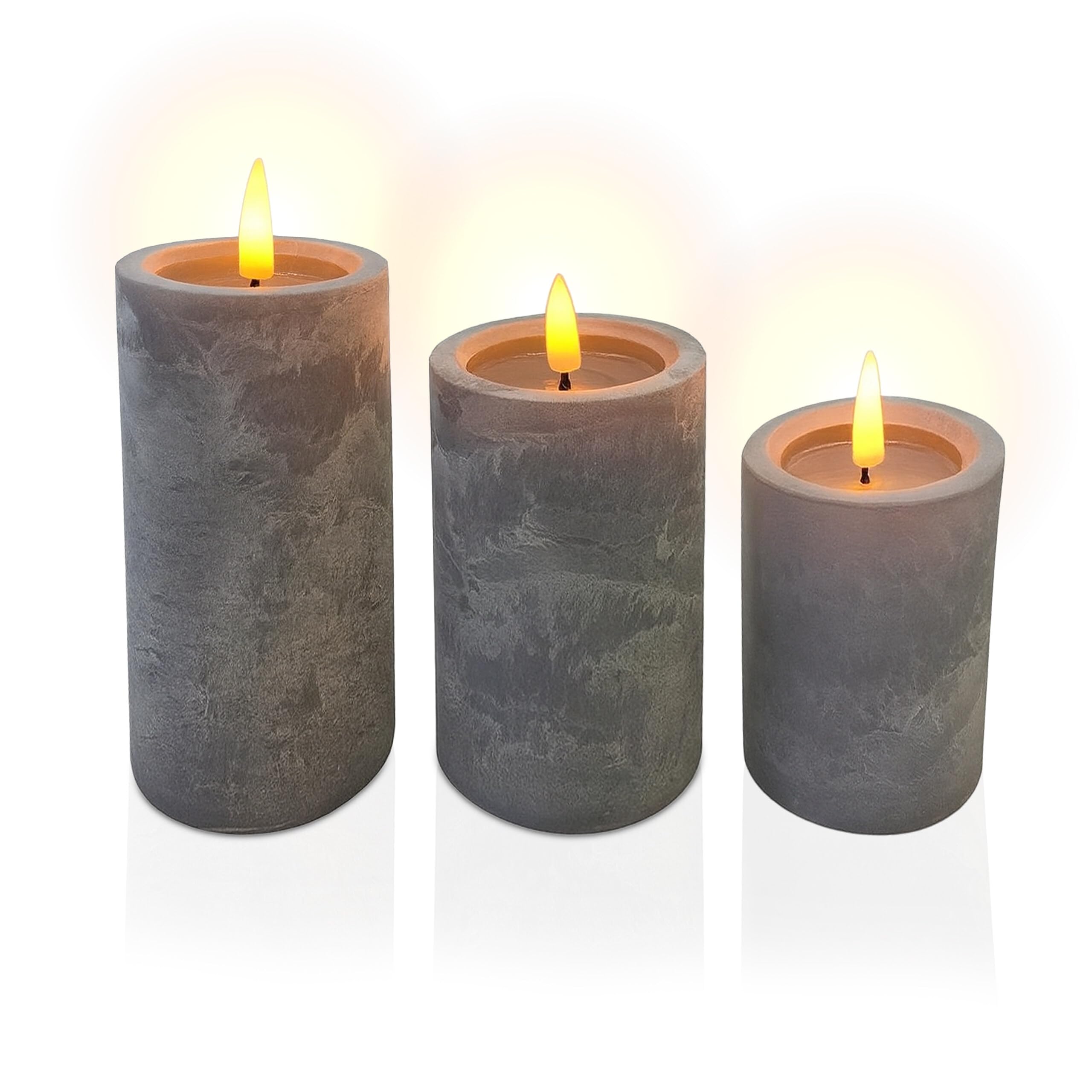 Relaxdays LED candles, set of 3, with timer & flickering flame, warm white, concrete look, flameless candles, grey