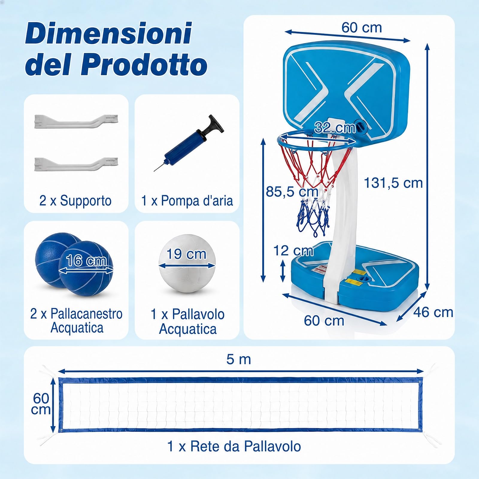 COSTWAY 2 in 1 Canestro da Basket e Rete da Pallavolo per Piscina | Giocattoli Acquatici per Bambini e Adulti con 2 Palloni da Basket, 1 Pallone da Pallavolo, 1 Pompa e 2 Reti, da Spiaggia