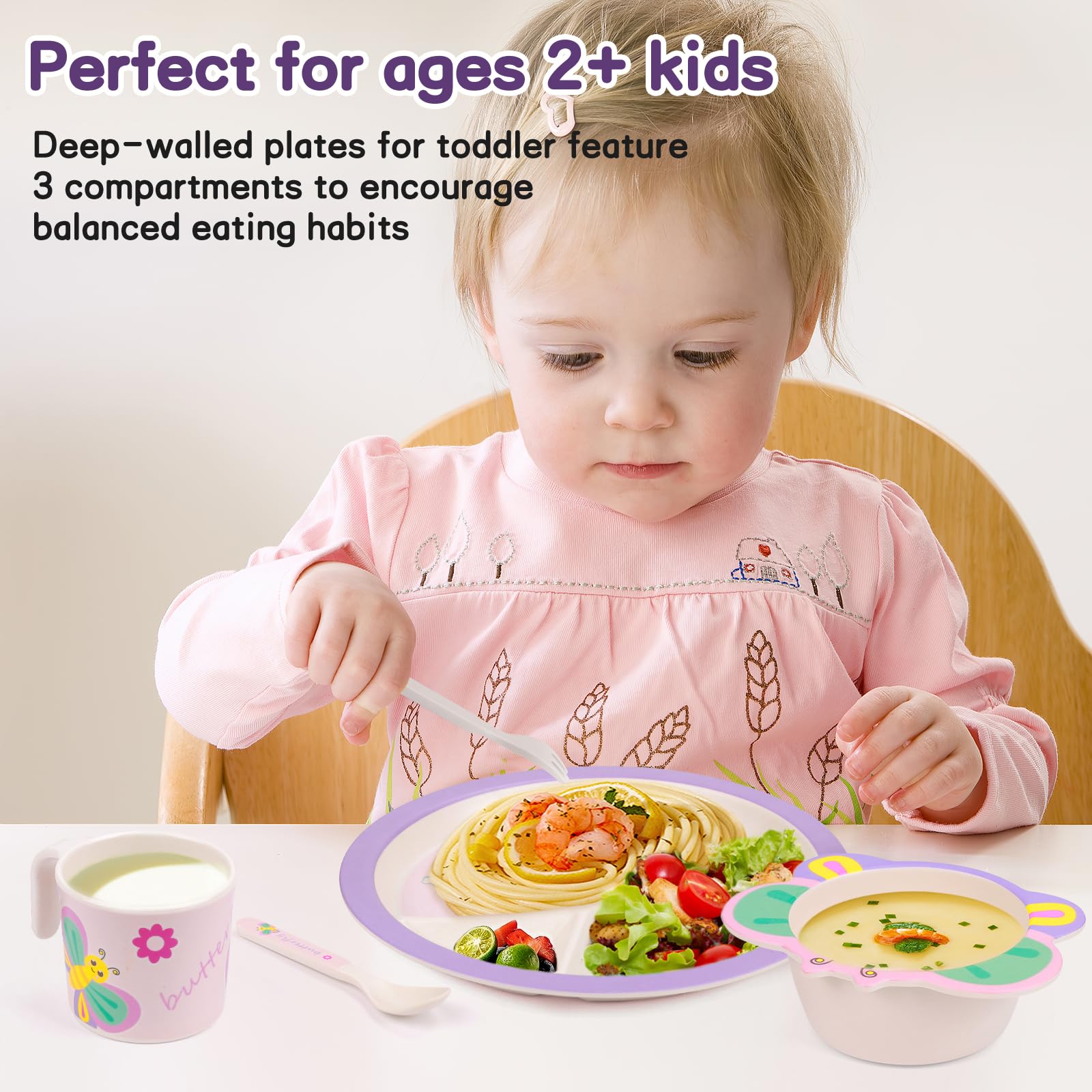 PHEENOWL Kids Dinnerware Set, Includes Toddler Plate Bowl Tumbler and Utensils, BPA Free Bamboo Fiber Material Perfect for Little Girls ()