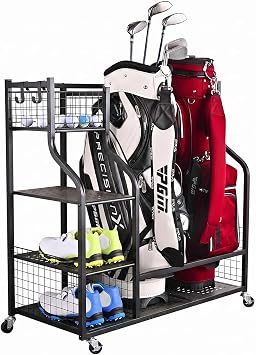 SNAIL Golf Bag Garage Storage Organizer Extra Large Size Golf Bag Rack Stand Holder Fits 2 Golf Bags and Other Golfing Equipment Accessories, Metal Black Golf Club Storage for Garage Shed and Basement