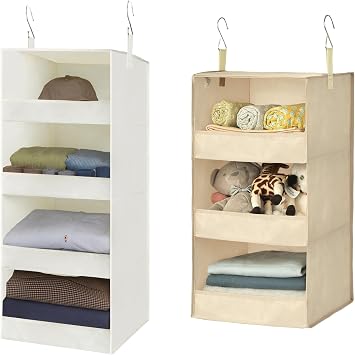 GRANNY SAYS Bundle of 1-Pack Beige 4 Shelf Hanging Closet Shelves & 1-Pack Khaki 3 Shelf Hanging Closet Organizr