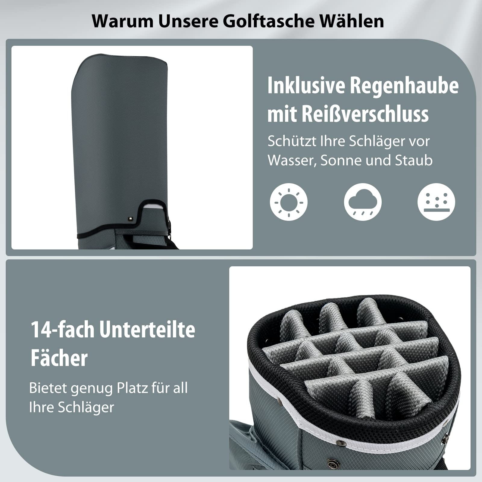 COSTWAY Golfbag, leichtes Golf Cart Bag, mit Regenhaube, 14er Einteilung von Schlägerfach, auch zur Nutzung auf Golf Trolley und Golf Cart, 7/8 Reißverschlusstaschen