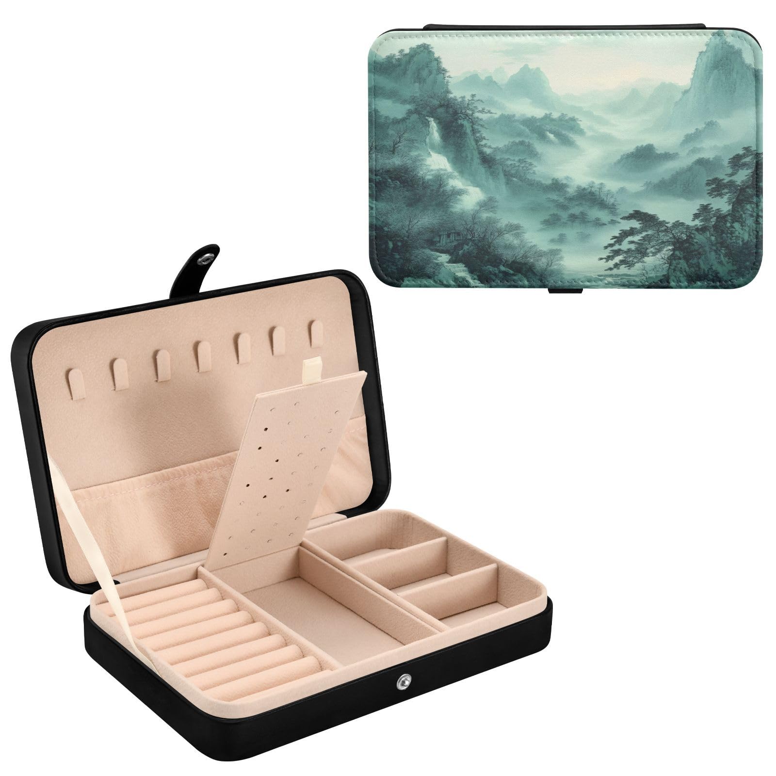 Haskirky Smoky Green Mountains Jewelry Box Portable PU Leather Travel Jewelry Organize for Women Jewelry Storage Display Holder for Ring, Necklace, Earring