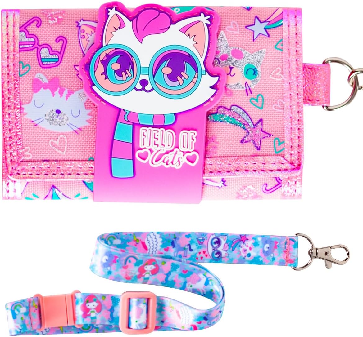 Kids Wallet for Girls Ages 5-6-7-8-9-10-12, Little Girls Trifold Cute Cartoon Cat Wallet with Lanyard, Gifts for Kids Teens