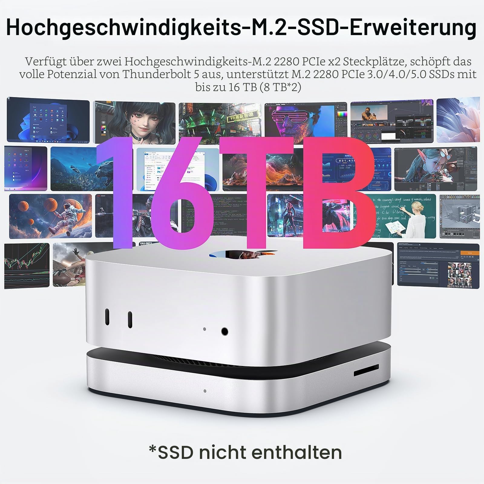 Mate Mini-A Thunderbolt 5 Mac Mini M4 Dock & Ständer, Dual PCIex2 SSD Slot, Max 16TB Erweiterung, PD3.0 Port, SD4.0 Kartenleser, 2,5G LAN, 2 x USB A 10 Gbit/s für Laptops/Desktop-PC/Mini-PC