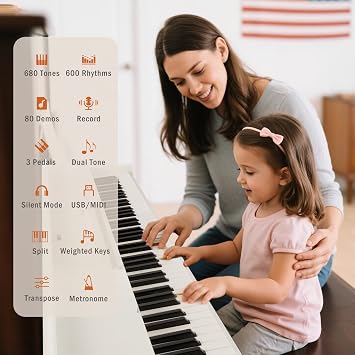 Digital Piano 88 Weighted Keys Hammer Action with Piano Bench, 88 Key Piano Keyboard Fully Weighted, Electric Piano Keyboard 88 Keys with 3 Pedals, Built-In Speakers, USB/MIDI, Furniture Stand (White)