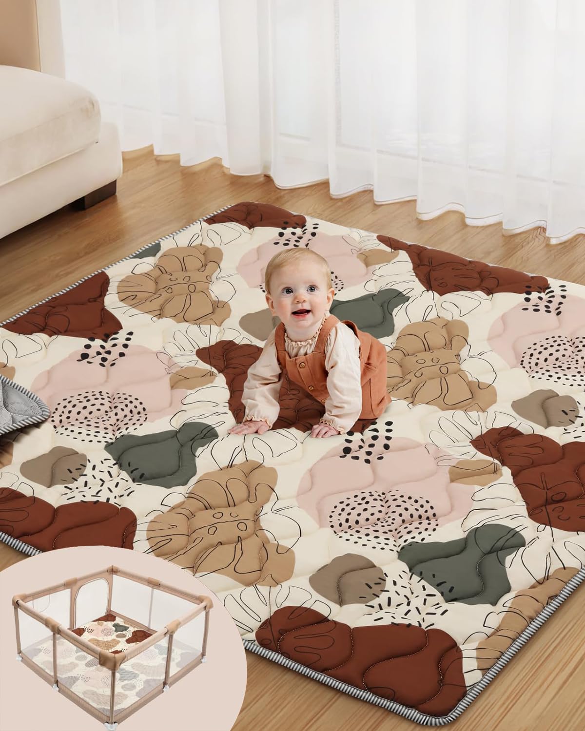 Lambluefly Alfombra Bebe Acolchada Plegable, Alfombra Bebe 127x127cm, Antideslizante, Lavable en la Lavadora, Plegable Alfombra Infantil Habitacion, Alfombra Juegos Bebe, Diseño de Estilo Bohemio