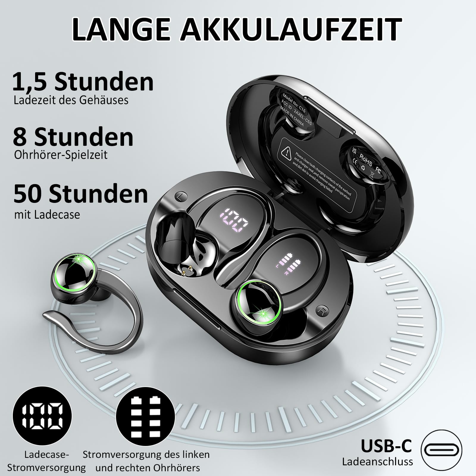 2026 Bluetooth Kopfhörer, Kopfhörer Kabellos Bluetooth 5.4 Sport tiefer Bass, 56 std Spielzeit In Ear Kopfhörer mit 4 ENC Noise Cancelling Mic, IP7 Wasserdicht Ohrhörer LED-Anzeige für Studium/Arbeit