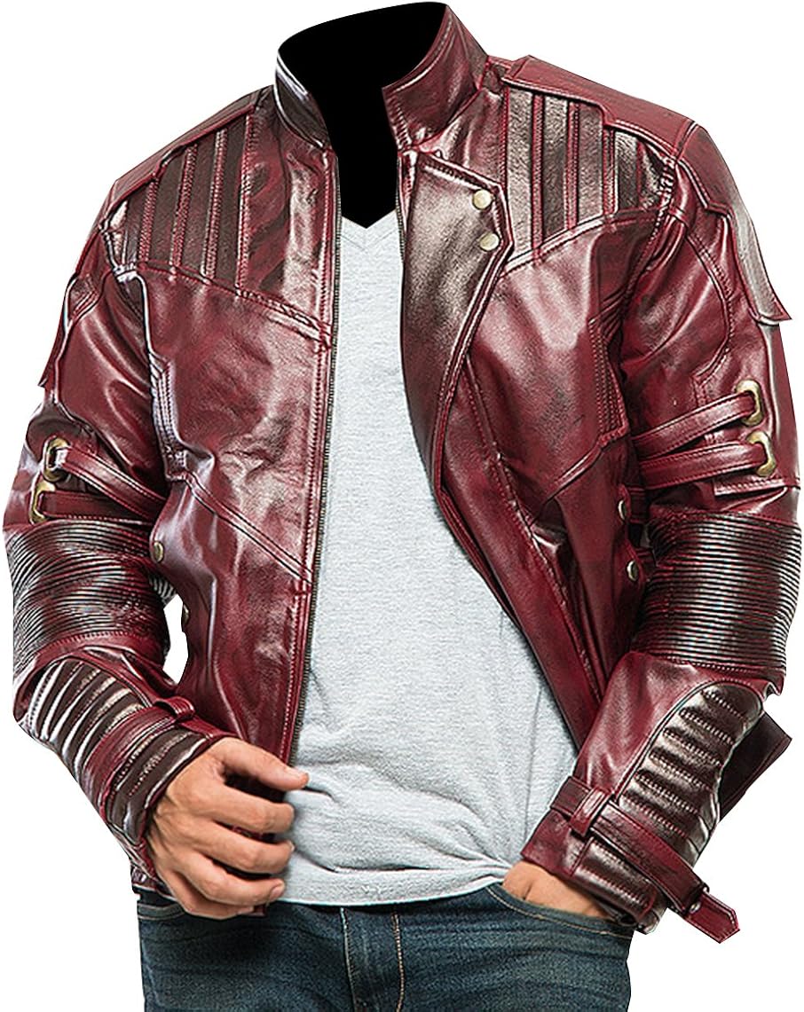 Vista 2 de LP-FACON Disfraz de superhéroe Star Biker Maroon Cosplay Chaqueta de cuero sintéticoreal