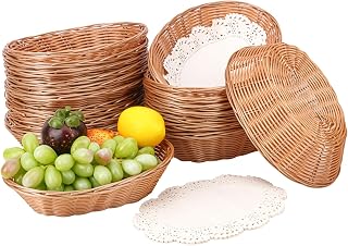 20 Pack 9 Inch Oval Poly Wicker Baskets with 100 Sheets Food Blotting Sheets, Plastic Oval Bread Baskets for Serving, Home & Restaurant Use