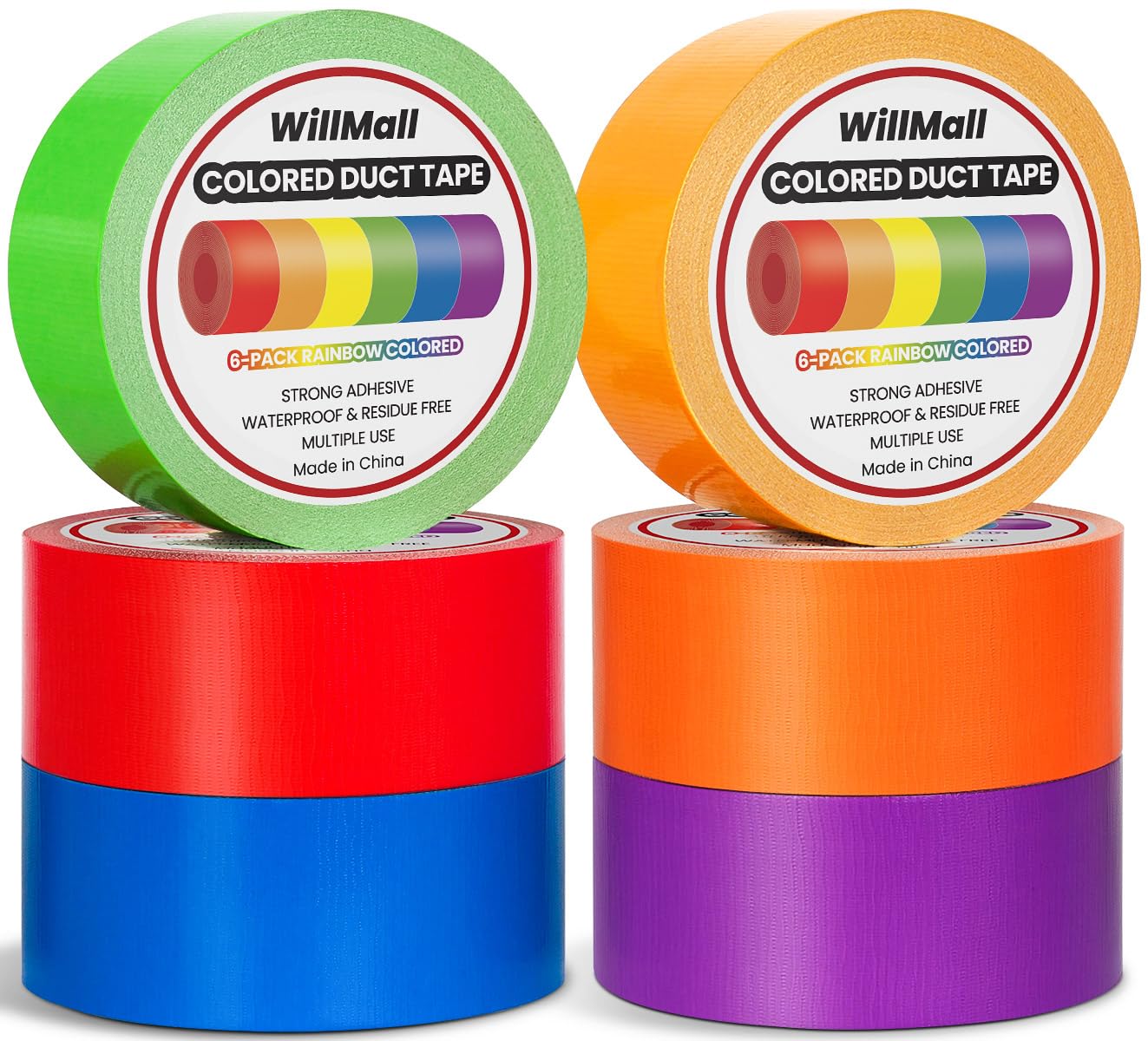 Colored Duct Tape Heavy Duty: Rainbow Bright 2 Inch Wide x 60ft Variety Pack Furniture Repair Decorative Duct Tape Bulk - Great for Arts Crafts DIY Packaging Indoor Outdoor (6 Packs x 2in x 30 Yards)