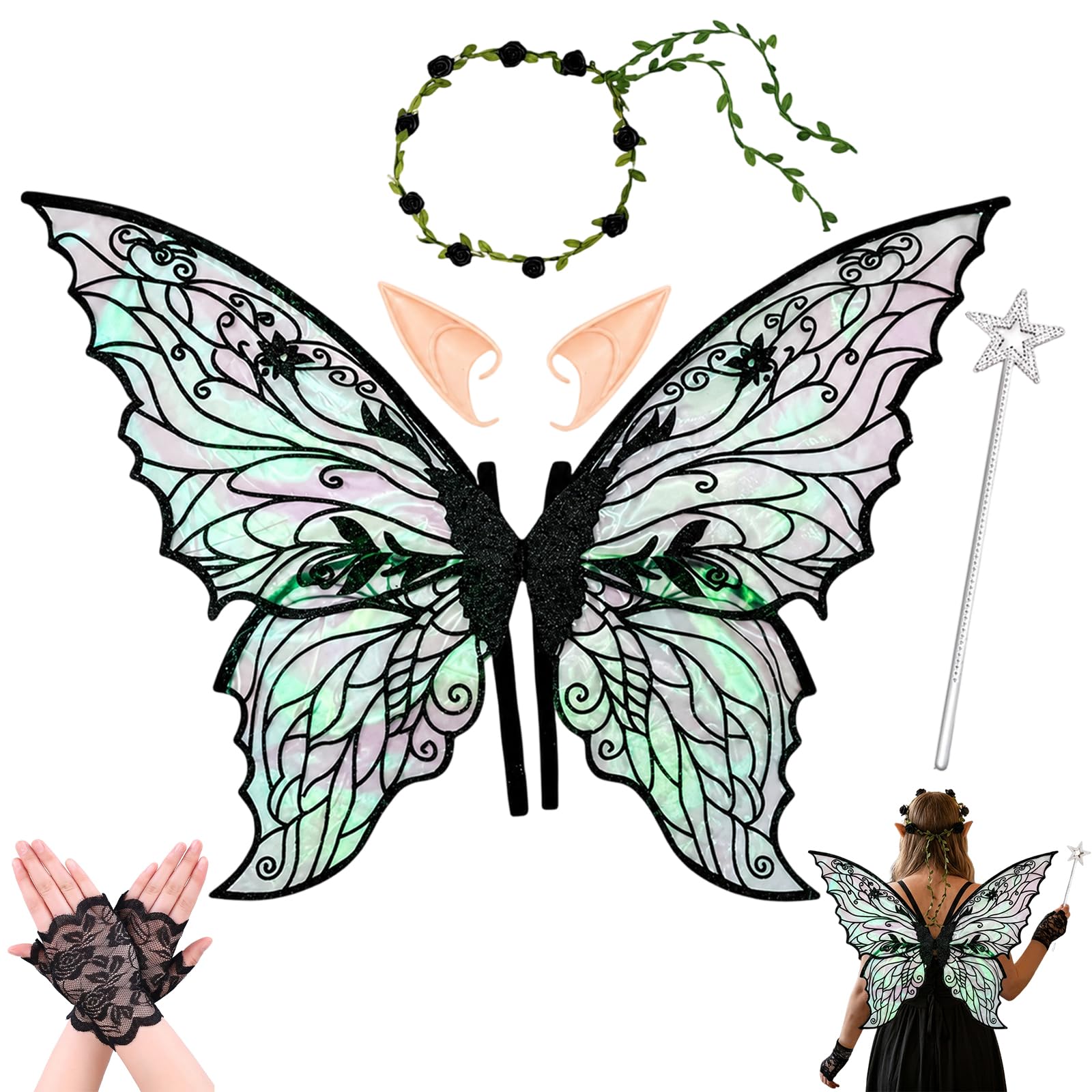 XazNvc Black Fairy Wings, Fairy Costume Women with Star Wands, Flower Headband, Elf Ears, Lace Gloves, Angel Dark Costume, Butterfly Wings for Halloween Cosplay Birthday Party