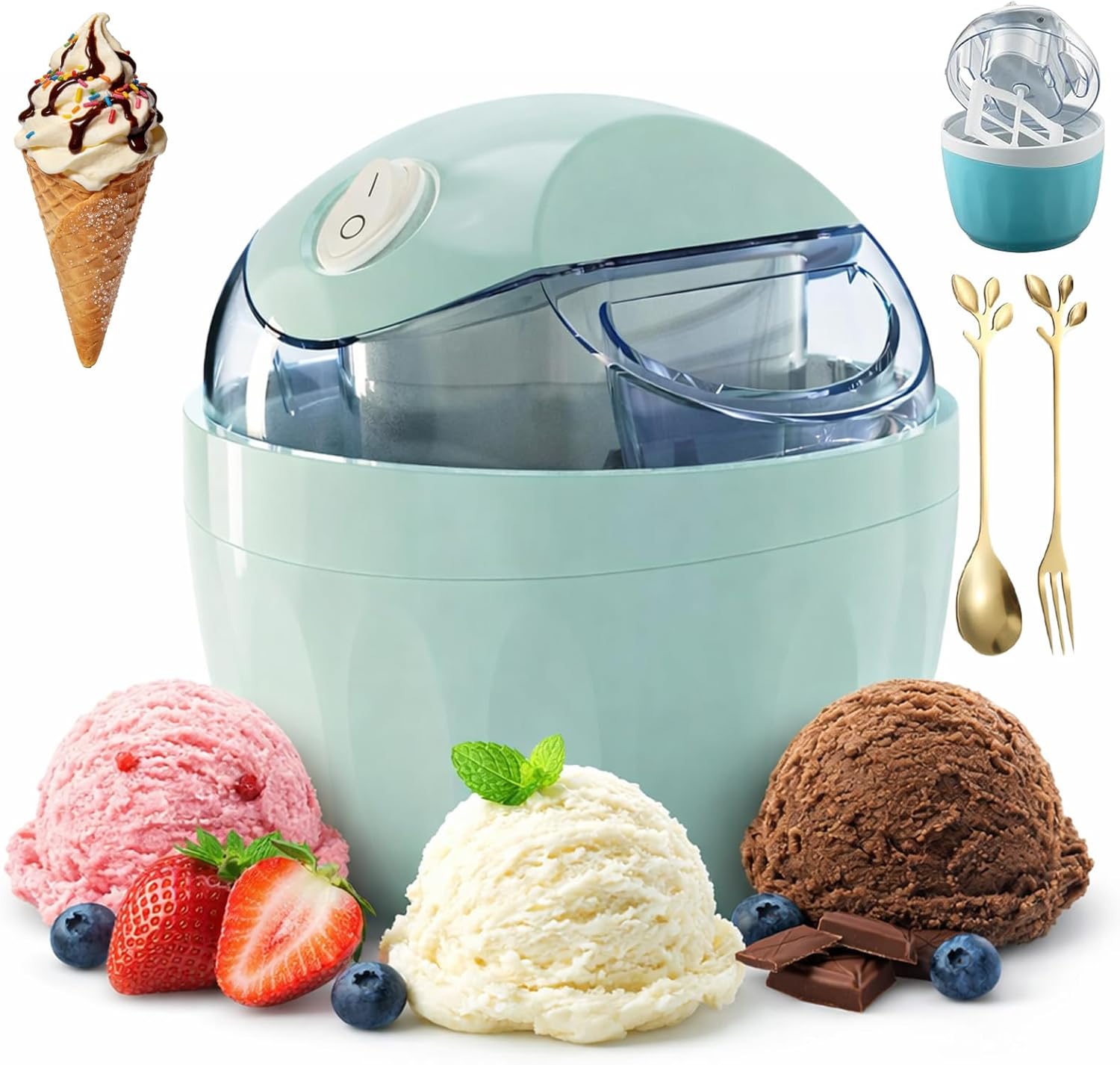 Small Home Mini Ice Cream Maker, 17oz Multifunctional Electric Gelato & Sorbet Machine, DIY Mini Dessert Maker Frozen Yogurt with Pre-Freezer Bowl, One-Touch Control, Just 15 Minutes for Family (Cyan)