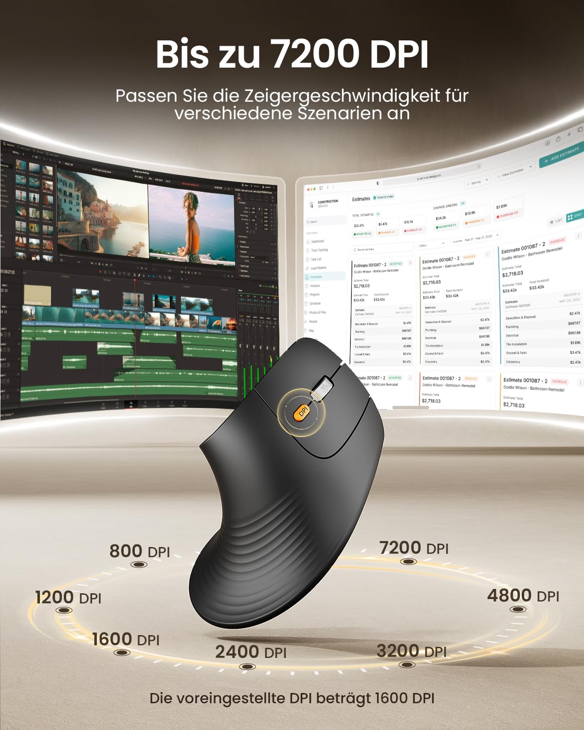 ProtoArc EM11 Pro Ergonomische Vertikale Maus mit Seitenscroll, Anpassbare Tasten, 2*Bluetooth + 2,4G Kabellos, Wiederaufladbar, Vertikal Funkmaus für Büro PC/Mac/Windows/Linux