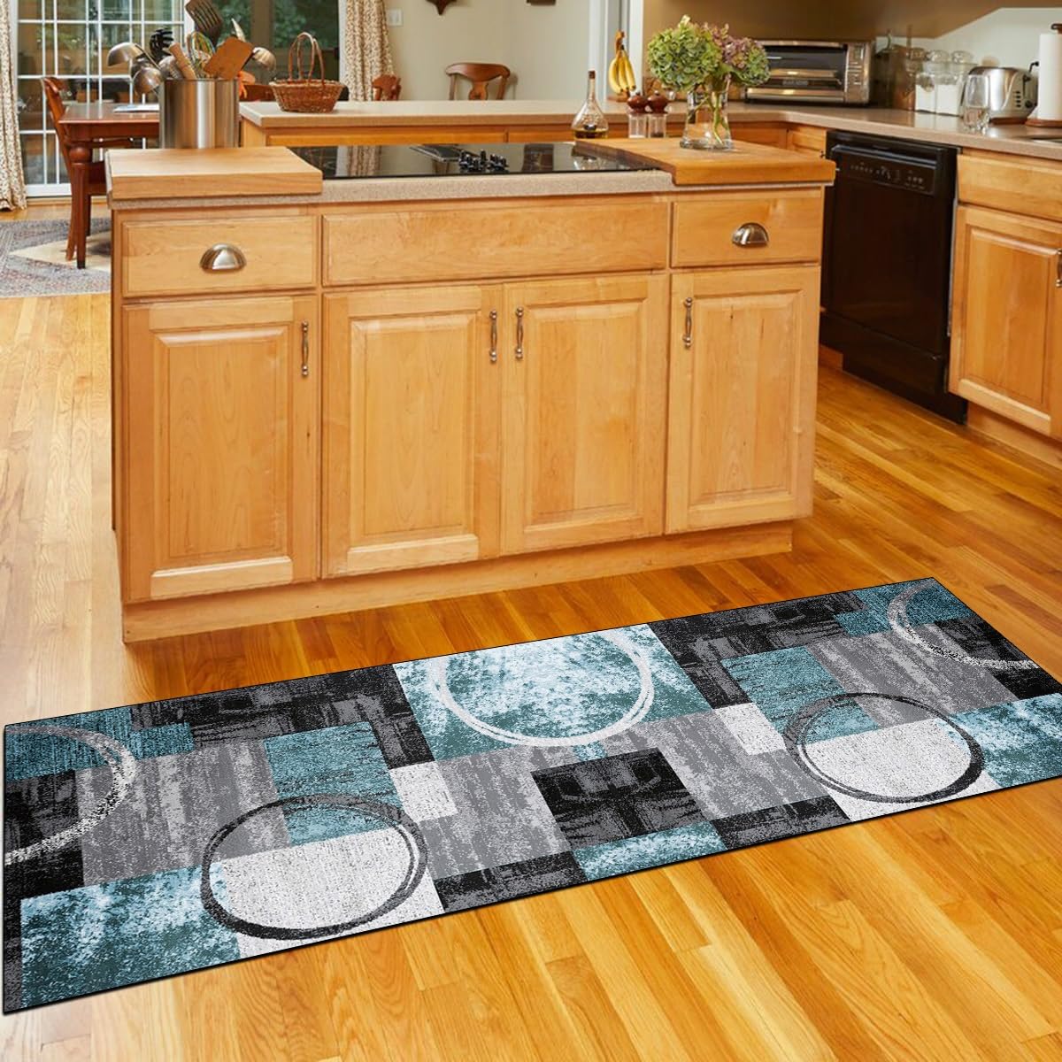 Läufer Flur Küche Teppich rutschfest Blau Grau 120x450CM Lang Kücheläufer Waschbar Meterware Modern Teppichmatten Korridor Polyester Wohnzimmer Schlafzimmer 40-120cm Breit, Anpassbare Größe