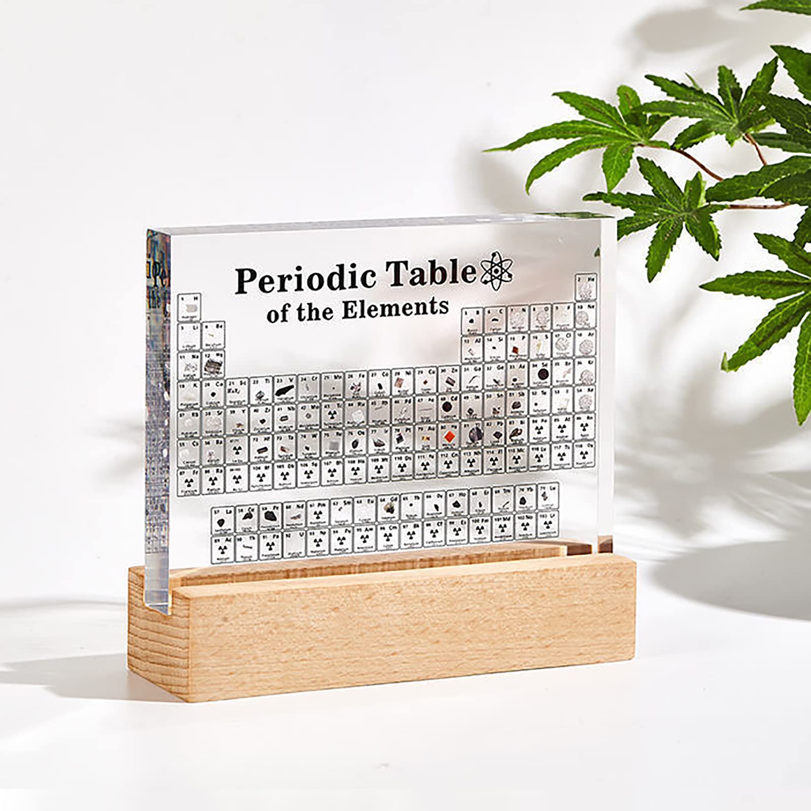 Periodensystem mit Echten Elementen, Acryl Periodensystem with 83 Elementen mit Holzhalter Bunte für Schüler Lehrer Handwerk Dekor Chemie Tool,Clear