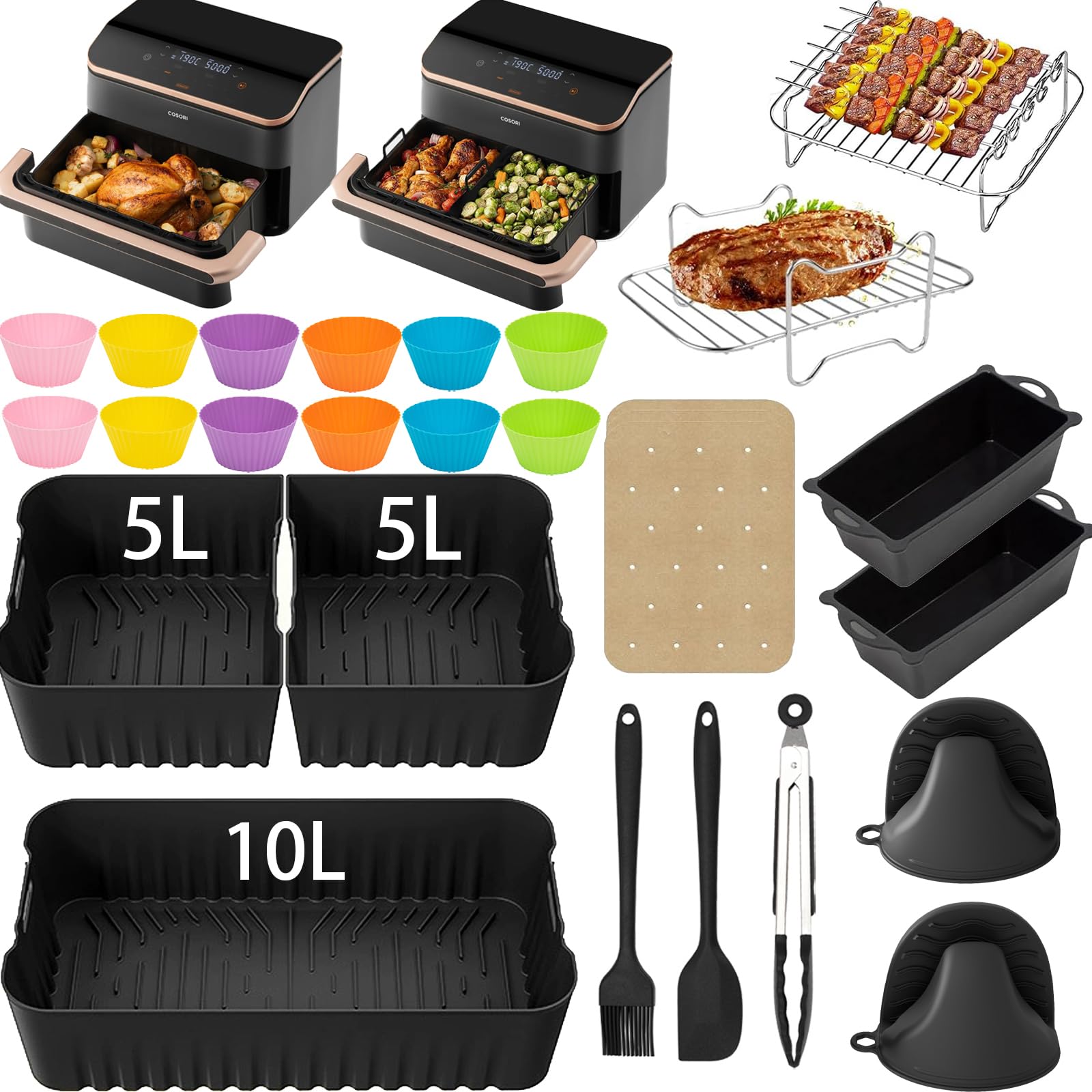 Cosori Freidora de aire caliente, accesorios para freidora de aire caliente Cosori, 10 L, incluye molde de silicona Cosori Twinfry, freidora de aire caliente, parrilla, moldes para pan, pinzas de