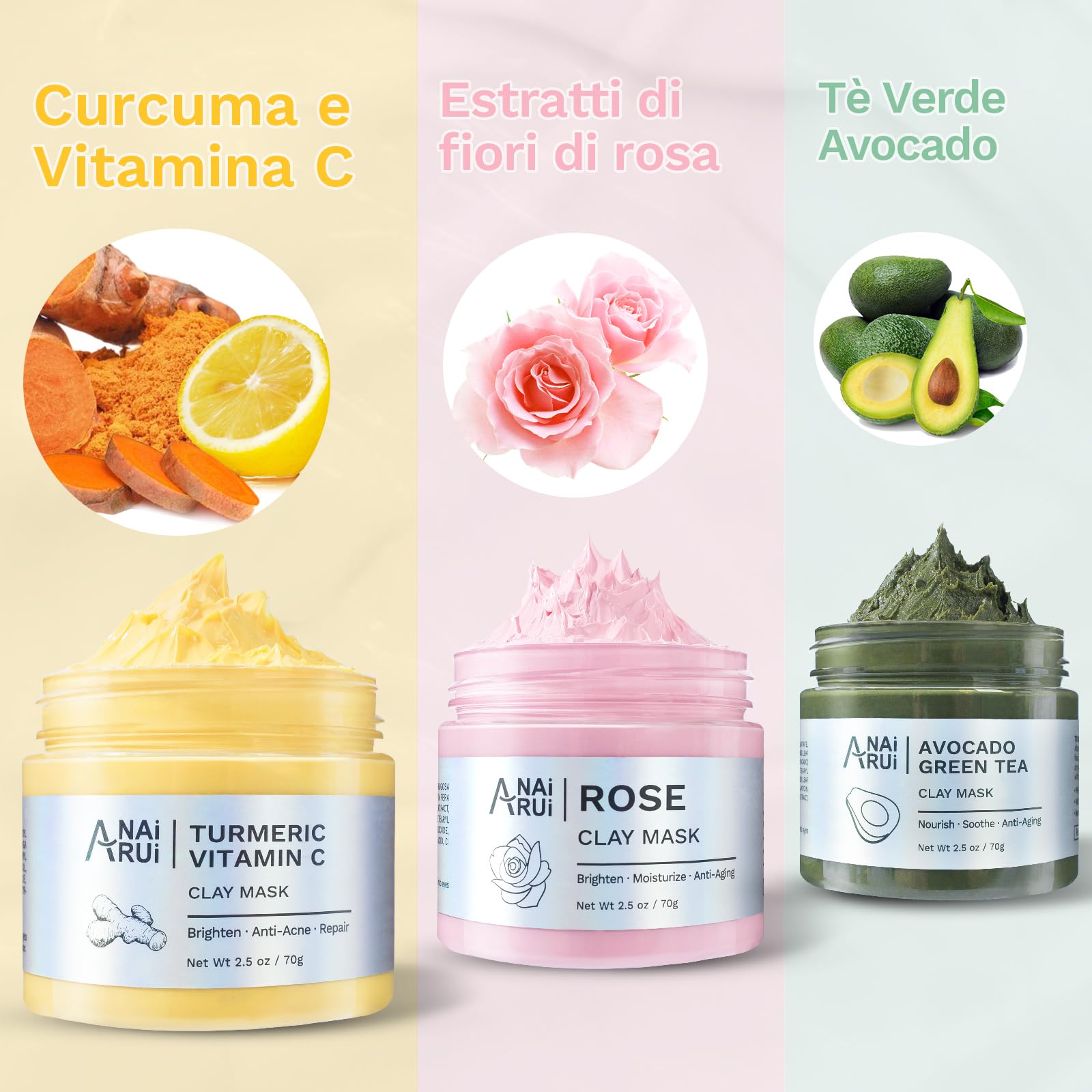ANAiRUi Maschera Viso Curcuma Vitamina C - Maschera Argilla Viso Rosa - Maschera Fango e Tè Verde Avocado, Rimozione Punti Neri e Pori Dilatati, Pulizia Viso, Purificante e Idratante, 210g