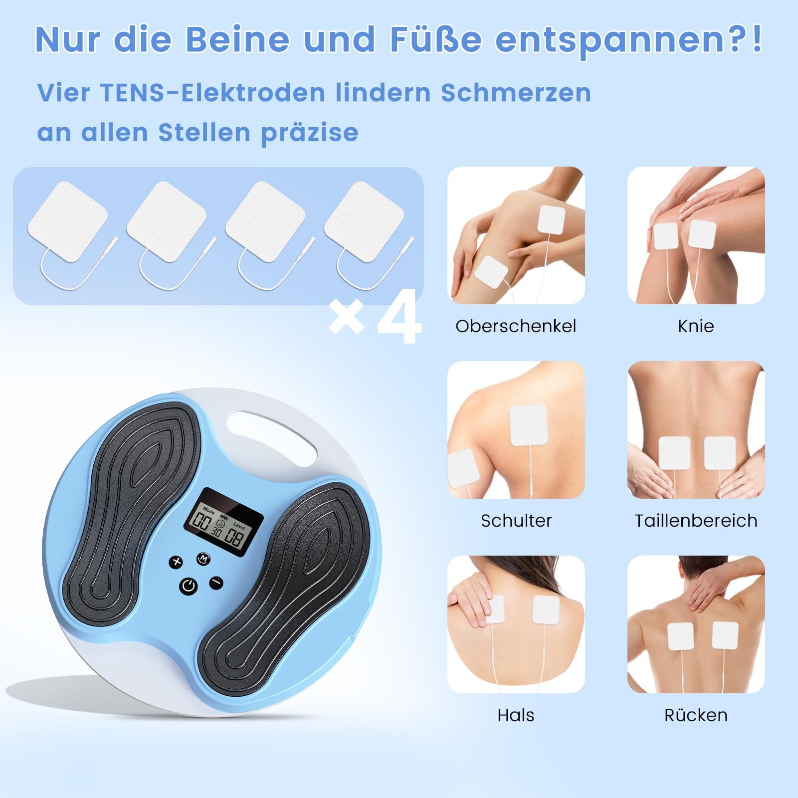 Medic Durchblutungsstimulator Beine, EMS Fußmassagegerät mit 4 TENS Elektrodenpads, Durchblutungsstimulator für Füße und Beine – fördert Durchblutung, lindert Fußschmerzen & entspannt Muskeln