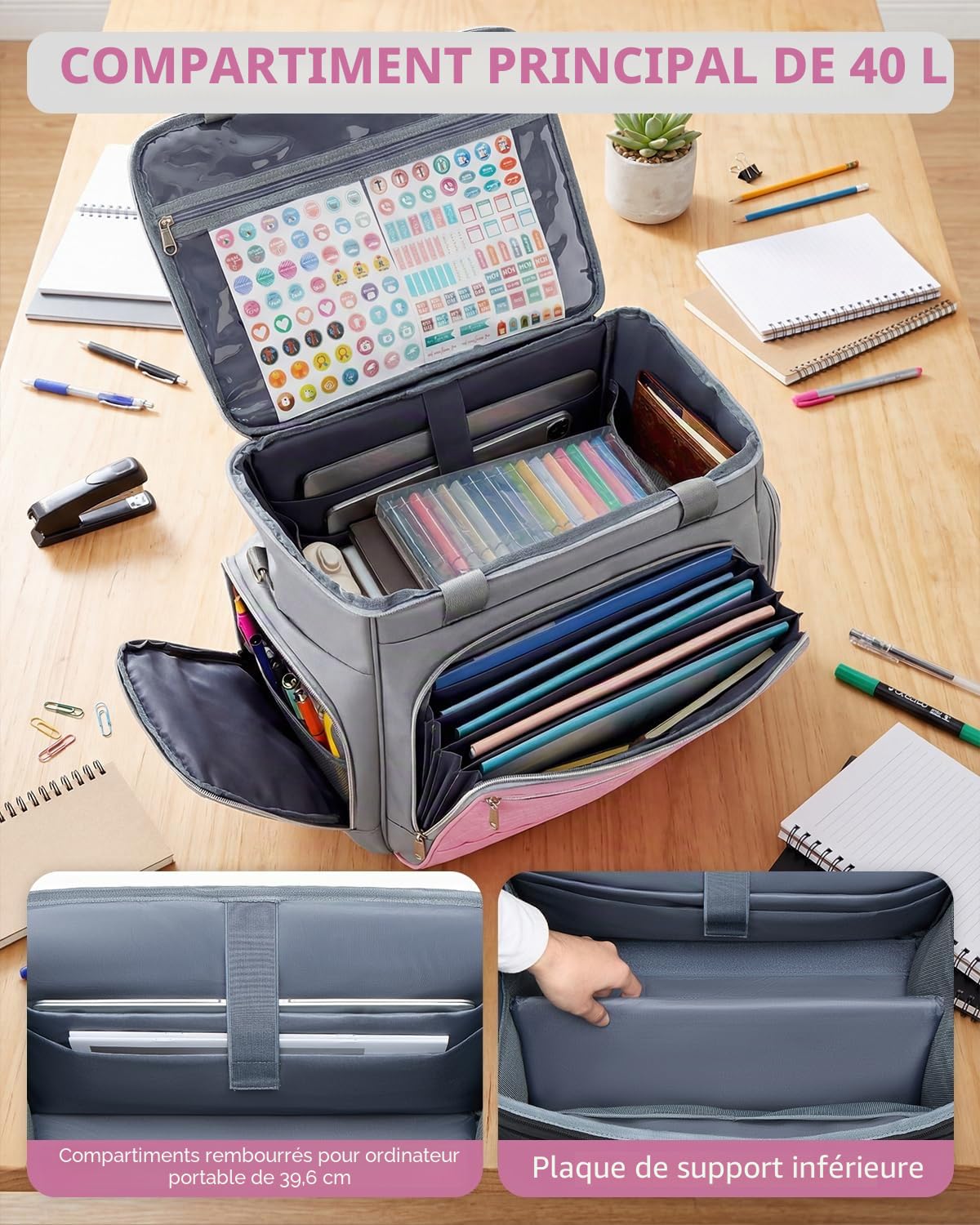 Amythe Sac à roulettes pour Professeur à 5 Roues avec Organiseur de Fichiers en Accordéon, Sac de Rangement Trolley pour Ordinateur Portable 15.6", Gris