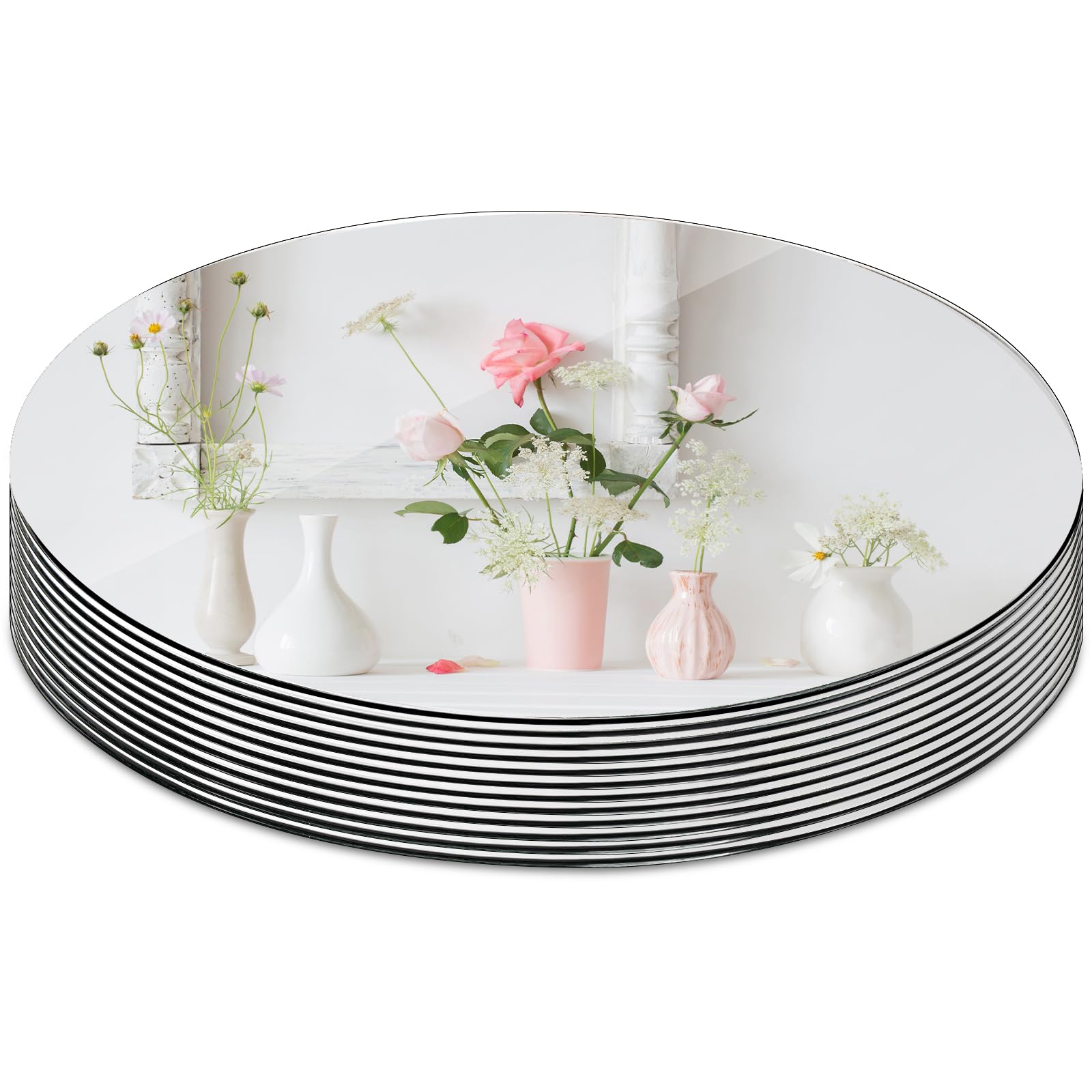 Suwimut Set of 12 Round Mirror Trays, 10 Inch Glass Mirrors Candle Plate Large Circle Mirrors Wall Mount Glass Mirror Tiles for Table Centerpieces, Crafts, Wedding, Party Decorations