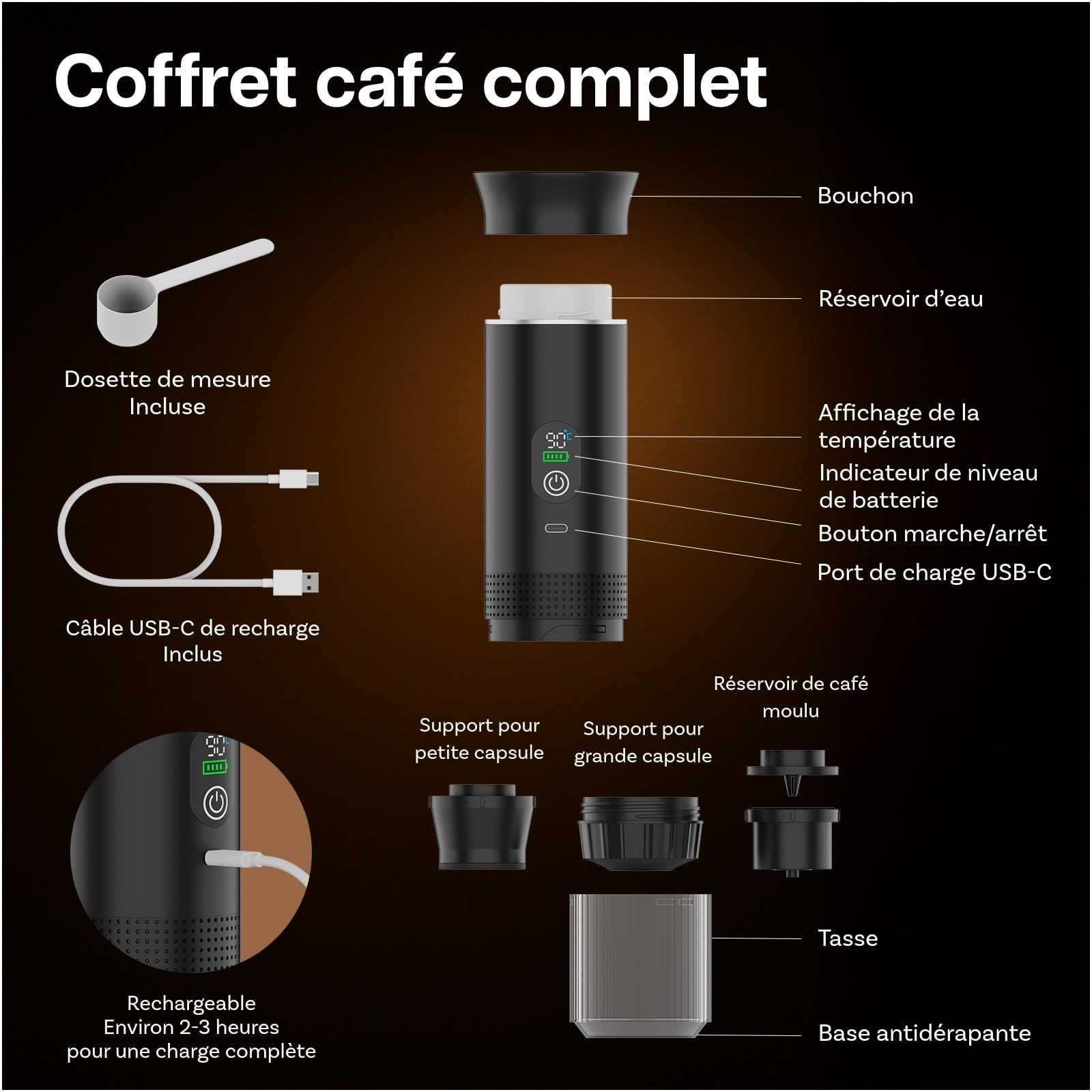 MMOBIEL Cafetière Portable Machine à Café Expresso Électrique avec Base Anti-Dérapante, Auto-Chauffante & USB-C – Compatible Capsules & Café Moulu pour Voyage, Camping, Maison, Voiture, Bureau
