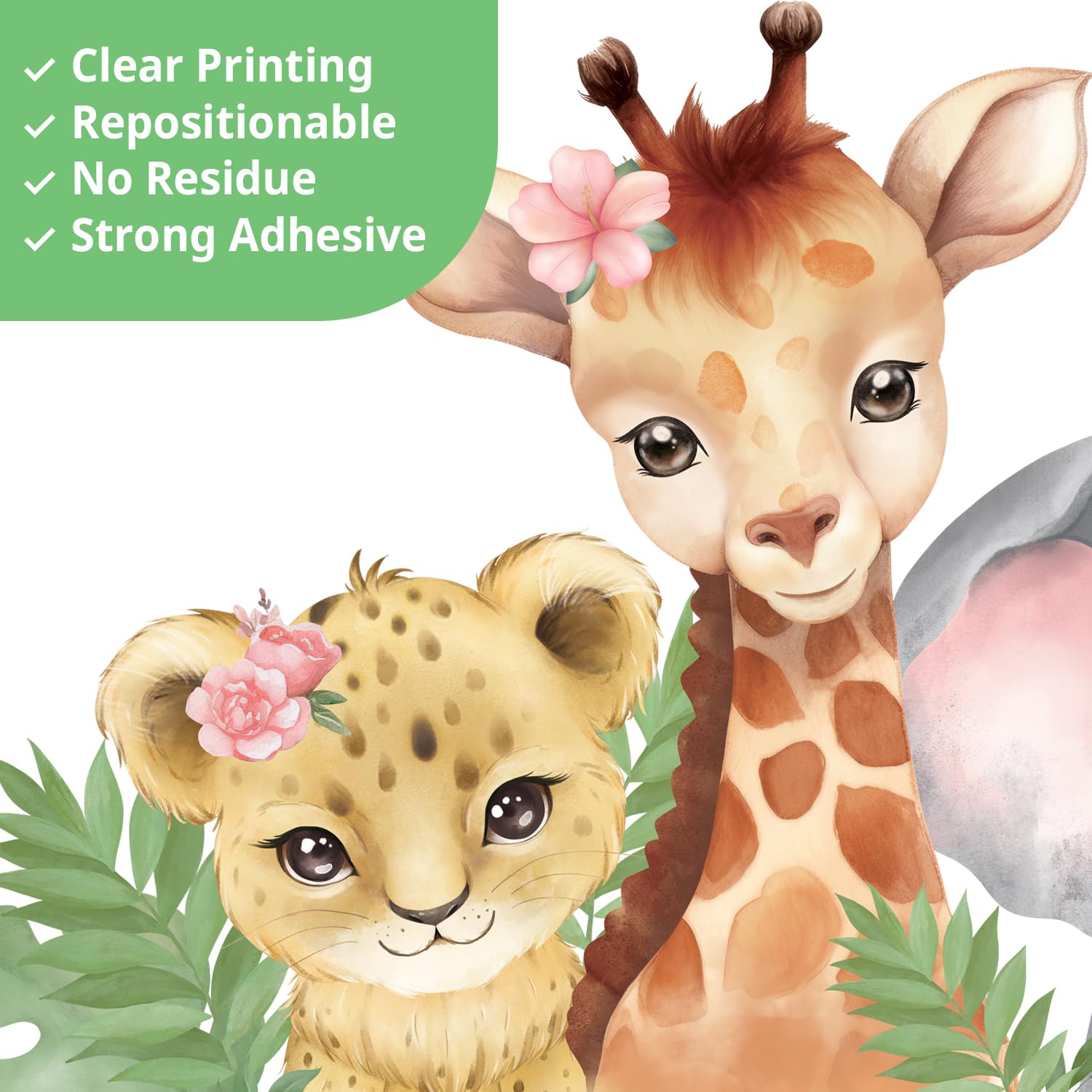 Stickers Muraux Animaux Jungle Aquarelle - Éléphant, Lion, Girafe, Zèbre - Autocollant Déco Chambre Bébé Ou Salon - Facile à Poser, Sans Outils - Vinyle Mat Haute Qualité
