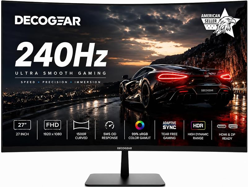 27” 240Hz Curved Gaming Monitor, FHD 1080p 1500R VA Display, HDR, 99% sRGB, Adaptive Sync, 5ms OD Response, HDMI & DisplayPort, FPS/RTS Modes, PC & Console Compatible