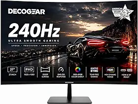 Deco Gear Monitor de jogos curvo de 27 polegadas 240 Hz, 1500R VA, FHD 1080p, HDR, 99% sRGB, sincronização adaptável premium, 5 ms OD, HDMI e DisplayPort, modos FPS/RTS, compatível com PC e console