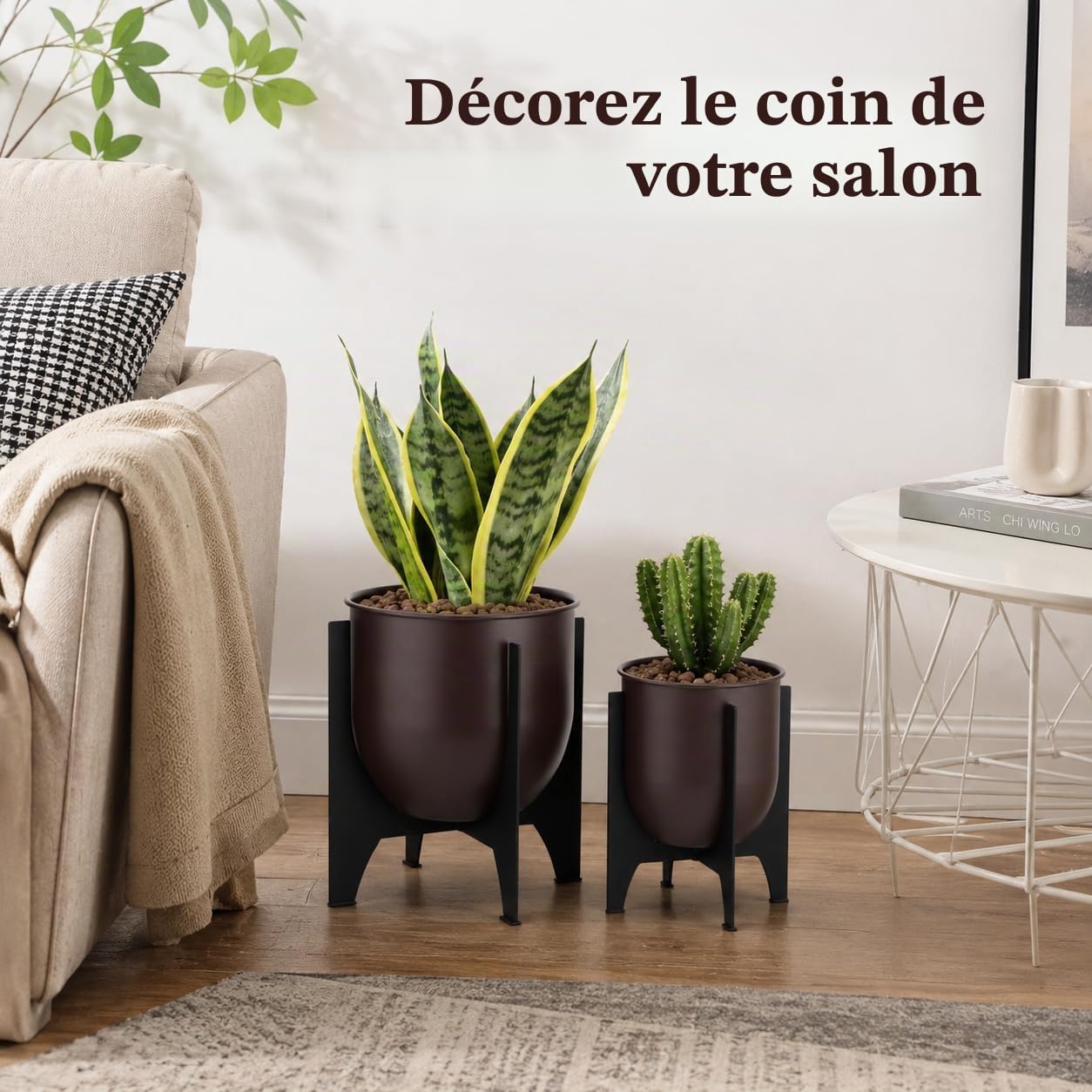 TRIROCKS Lot de 2 pots de fleurs modernes avec support en métal pour intérieur et extérieur - 40,6 et 20,3 cm de hauteur - Pots de fleurs modernes pour salon, cuisine, bureau, jardin, balcon, terrasse