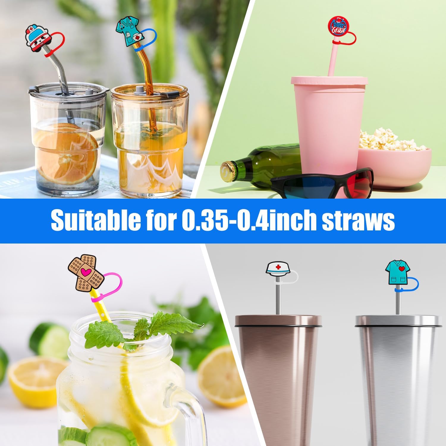 24 Pcs Nurse Straw Toppers, 9-10mm Silicone Nursing Straw Covers for Tumblers, Cute Reusable Spill Proof Dust Proof Medical Theme Water Bottle Straws Tip Covers for Drinking Straws - Image 7